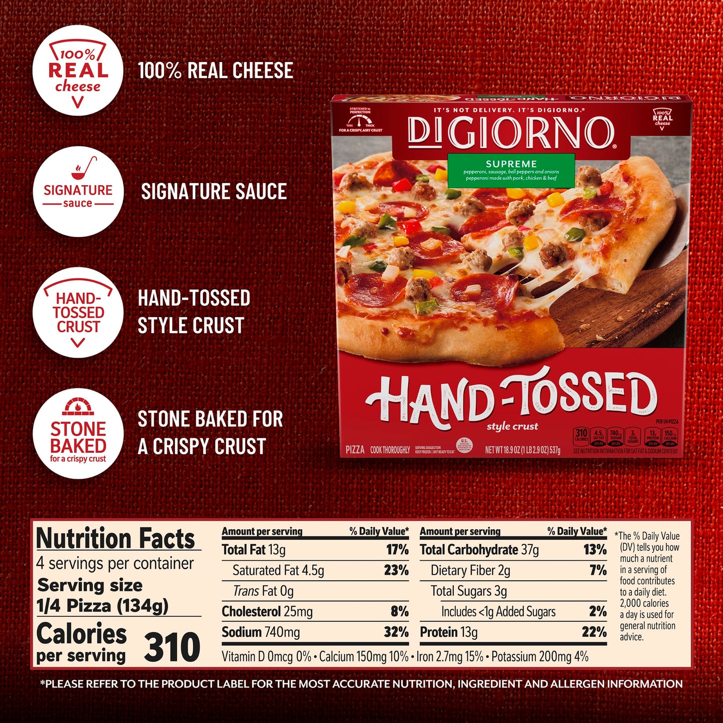 Digiorno Frozen Pizza, Supreme Pizza Hand-Tossed Style Crust, 18.9Oz (Frozen) 18.9 oz
