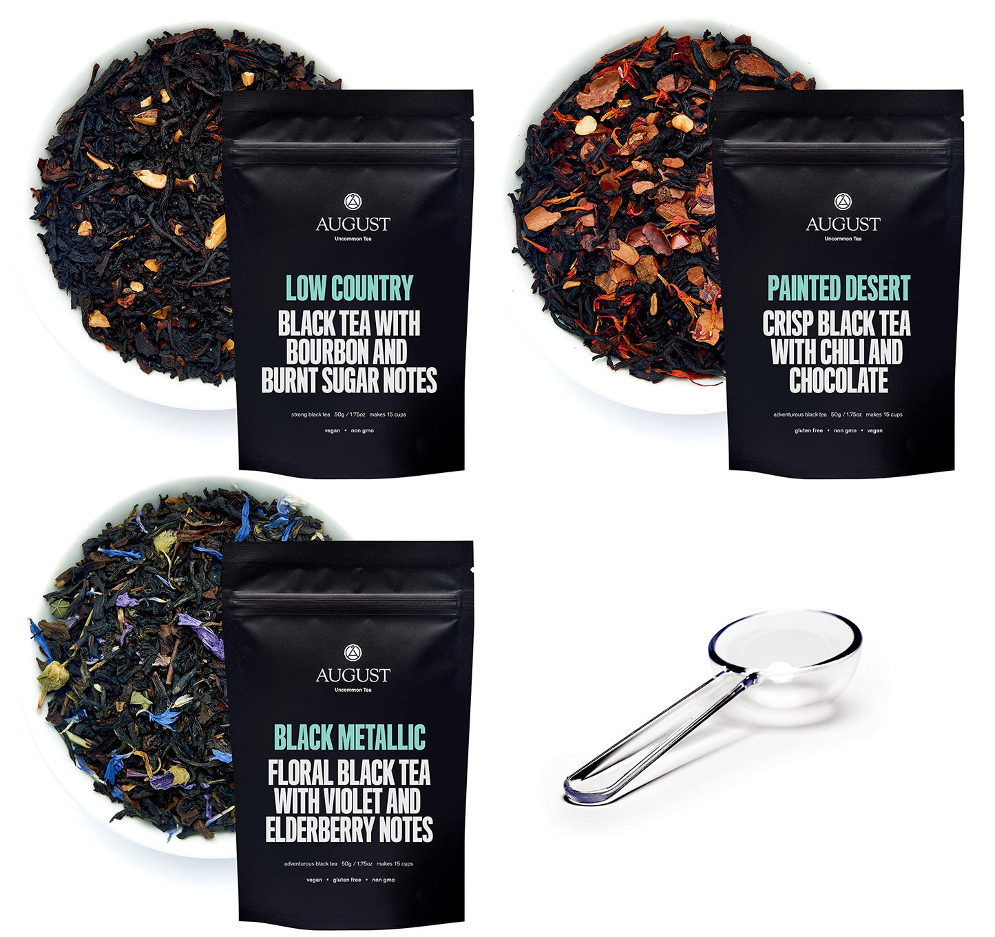 August Uncommon Holiday Tea Sampler – Variety Set Of 3 Black Loose Leaf Tea Blends W/Crystal Scoop – Low Country, Discomfort-Reducingted Desert & Black Metallic – Bold Flavors For Cozy Winter Moments (1.75Oz Each)