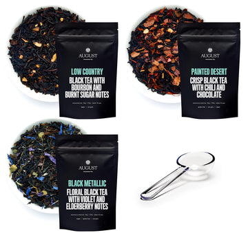 August Uncommon Holiday Tea Sampler – Variety Set Of 3 Black Loose Leaf Tea Blends W/Crystal Scoop – Low Country, Discomfort-Reducingted Desert & Black Metallic – Bold Flavors For Cozy Winter Moments (1.75Oz Each)