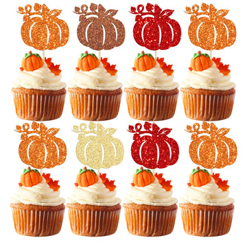 Gyufise 24Pcs Pumpkin Cupcake Toppers Glitter Fall Theme Pumpkin Cupcake Picks Autumn Fall Harvest Theme Baby Shower Kids Birthd