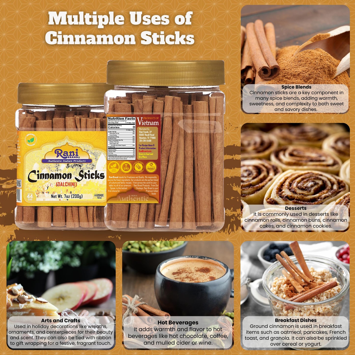 Rani Cinnamon Sticks - Strong Aroma, 7oz (200g) PET Jar, 36-44 Sticks, 3+ Inches Length, Cassia Saigon Cinnamon from Vietnam, Kos