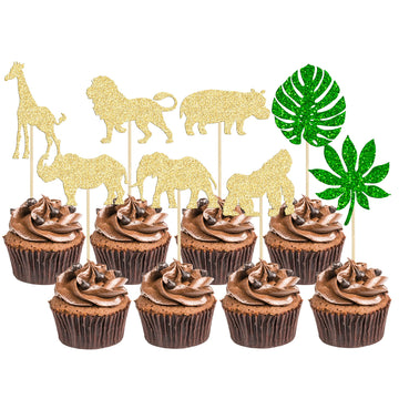 Gyufise 24Pcs Gold Jungle Safari Animal Cupcake Toppers Green Leaf Safari Jungle Wild Animals Cupcake Picks For Jungle Theme Bab