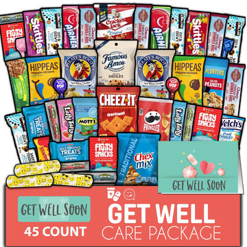Gift A Snack - Get Well Soon Snack Box Variety Pack Care Package + Greeting Card (45 Count) Feel Better Sweet  Gift Basket  Candies Chips ers Bars - Cravy Food Assortments & Variety Gifts