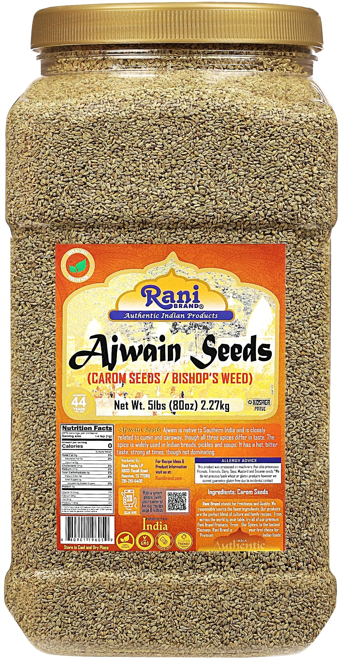 Rani Ajwain Seeds (Carom) Whole Spice - 5lbs (80oz) Bulk PET Jar, All Natural, Vegan, Gluten Friendly, NON-GMO, Kosher