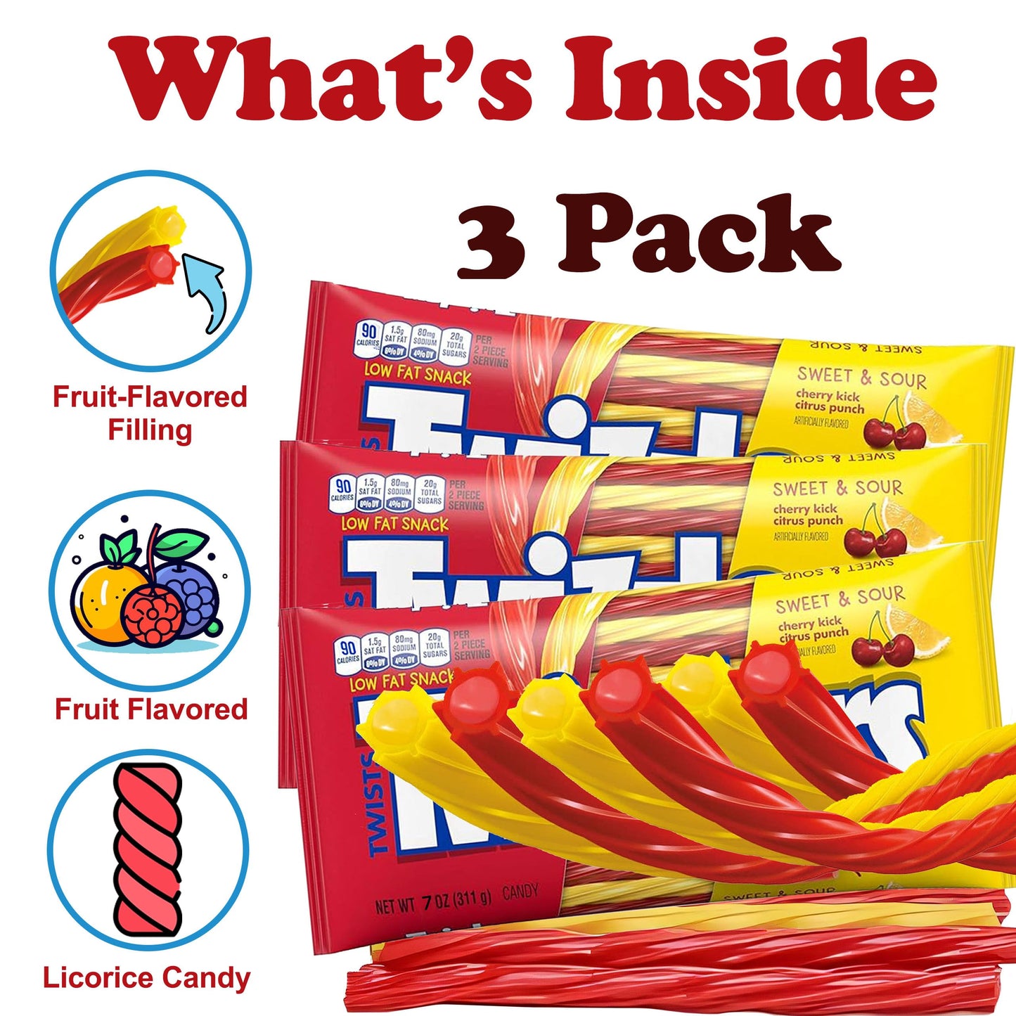 Twizzles Licorice Filled Twists Sweet And Sour Candy, Bulk 3 Pack, Lemon And Cherry Flavored Licorice Candy Sticks, Soft And Che