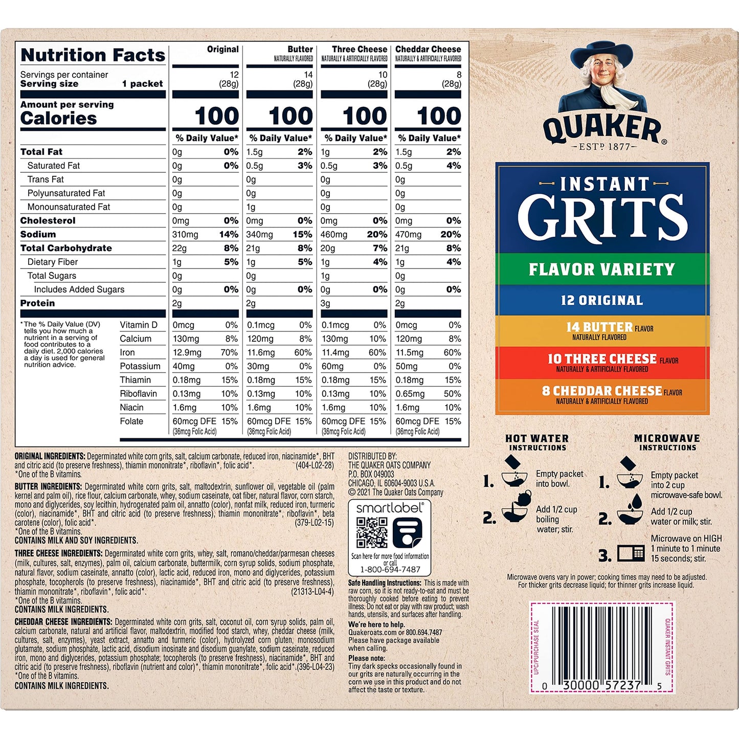 Quaker Instant Grits, 4 Flavor Variety Pack, 0.98oz Packets,44 Count (Pack of 1)