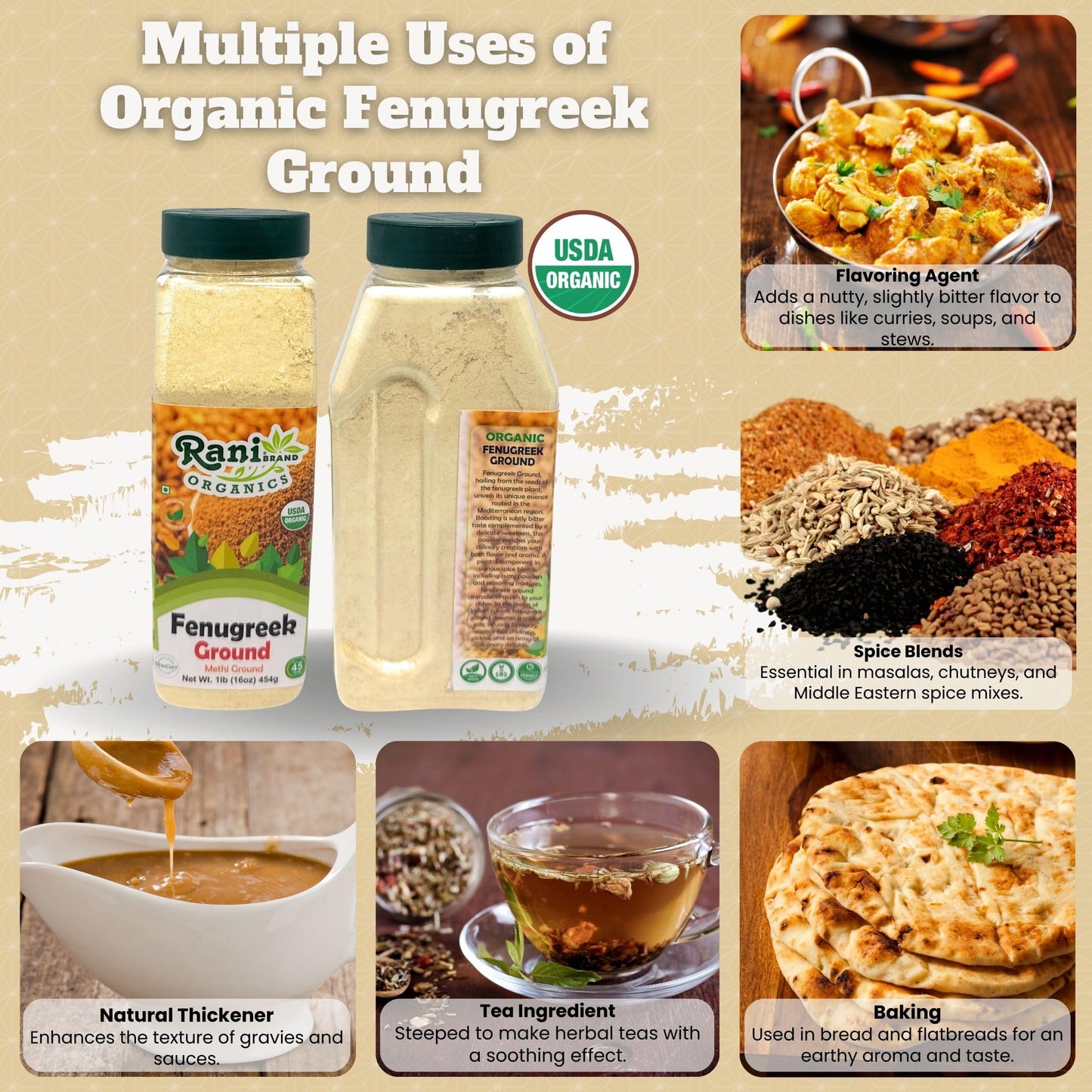 Rani Organic Fenugreek (Methi) Seeds Ground Powder 16Oz (1Lb) 454G Jar, Trigonella Foenum Graecum ~ All Natural | Vegan | Gluten