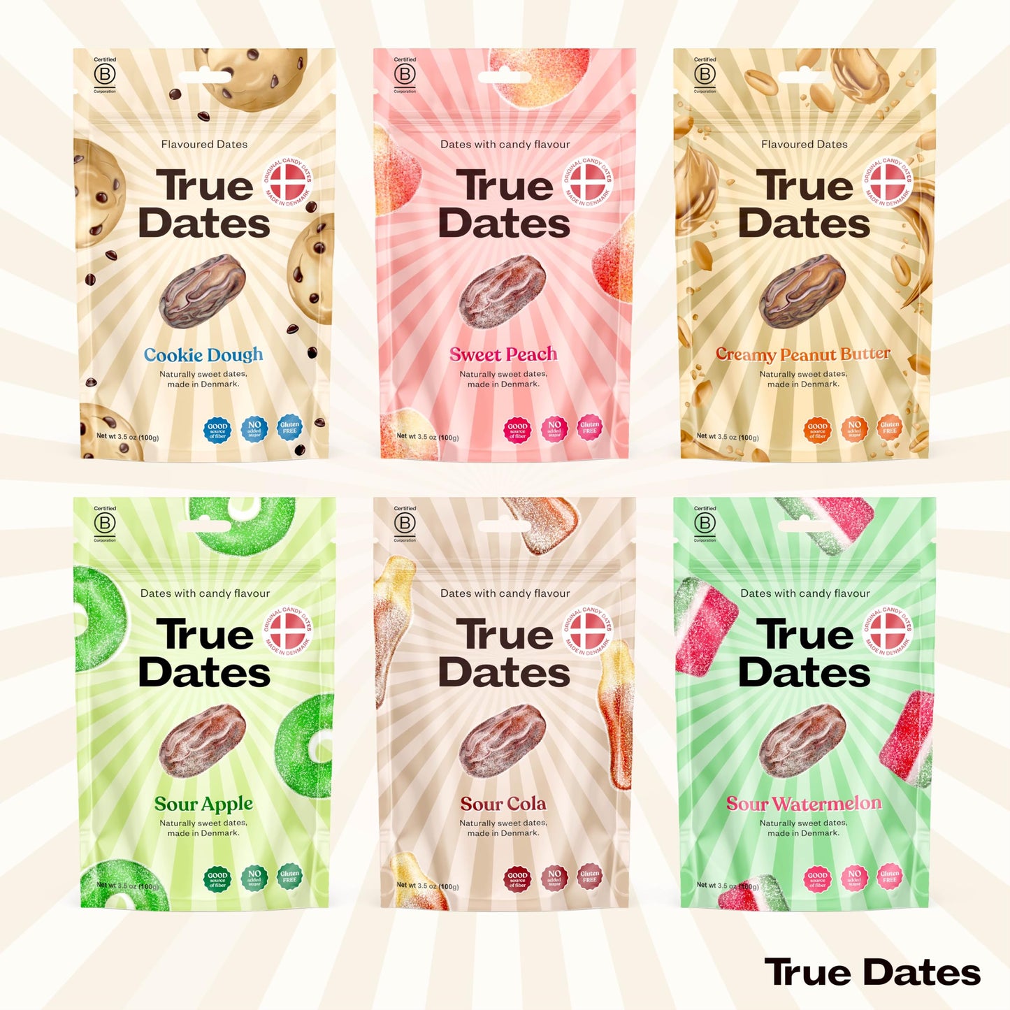 Candy Dates, Variety, 6-3.5 Ounce Bags (Creamy Peanut Butter, Cookie Dough, Sour Apple, Sour Cola, Sour Watermelon, Sweet Peach) - Dates With Candy Flavor, Vegan, No Added Sugar, Gluten Free