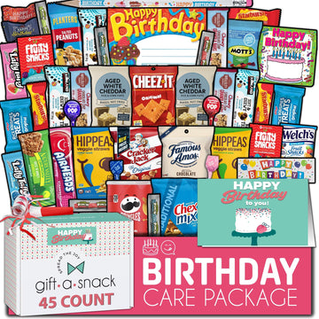 Gift A Snack - Happy Birthday Snack Box Variety Pack Care Package + Greeting Card (45 Count) Bday Sweet  Gift Basket  Candies Chips ers Bars - Food Assortments Assortments & Variety Gifts