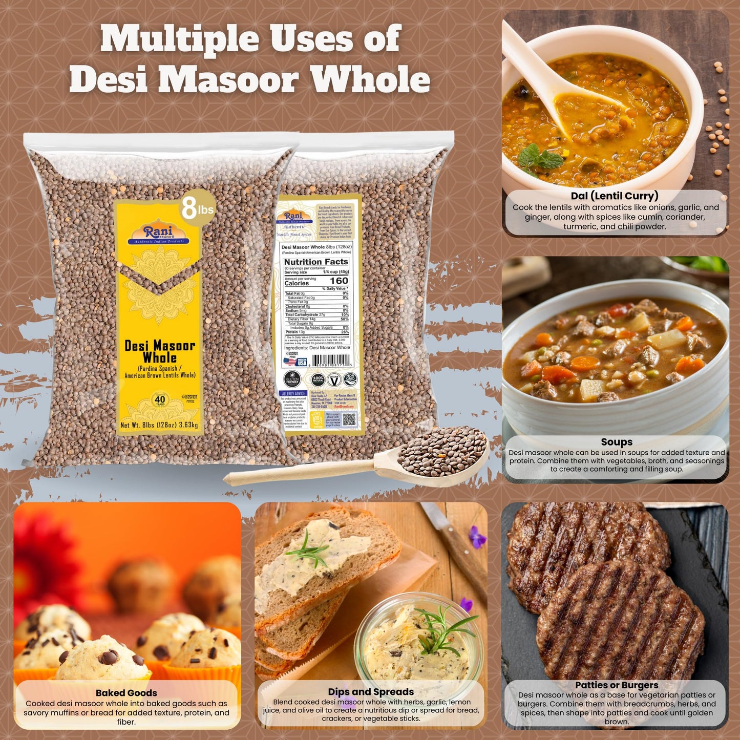 Rani Desi Masoor (Masur) Whole 128Oz (8Lbs) 3.63Kg (Aka. Pardina Spanish/American Brown Lentils Whole) Bulk ~ All Natural | Vega