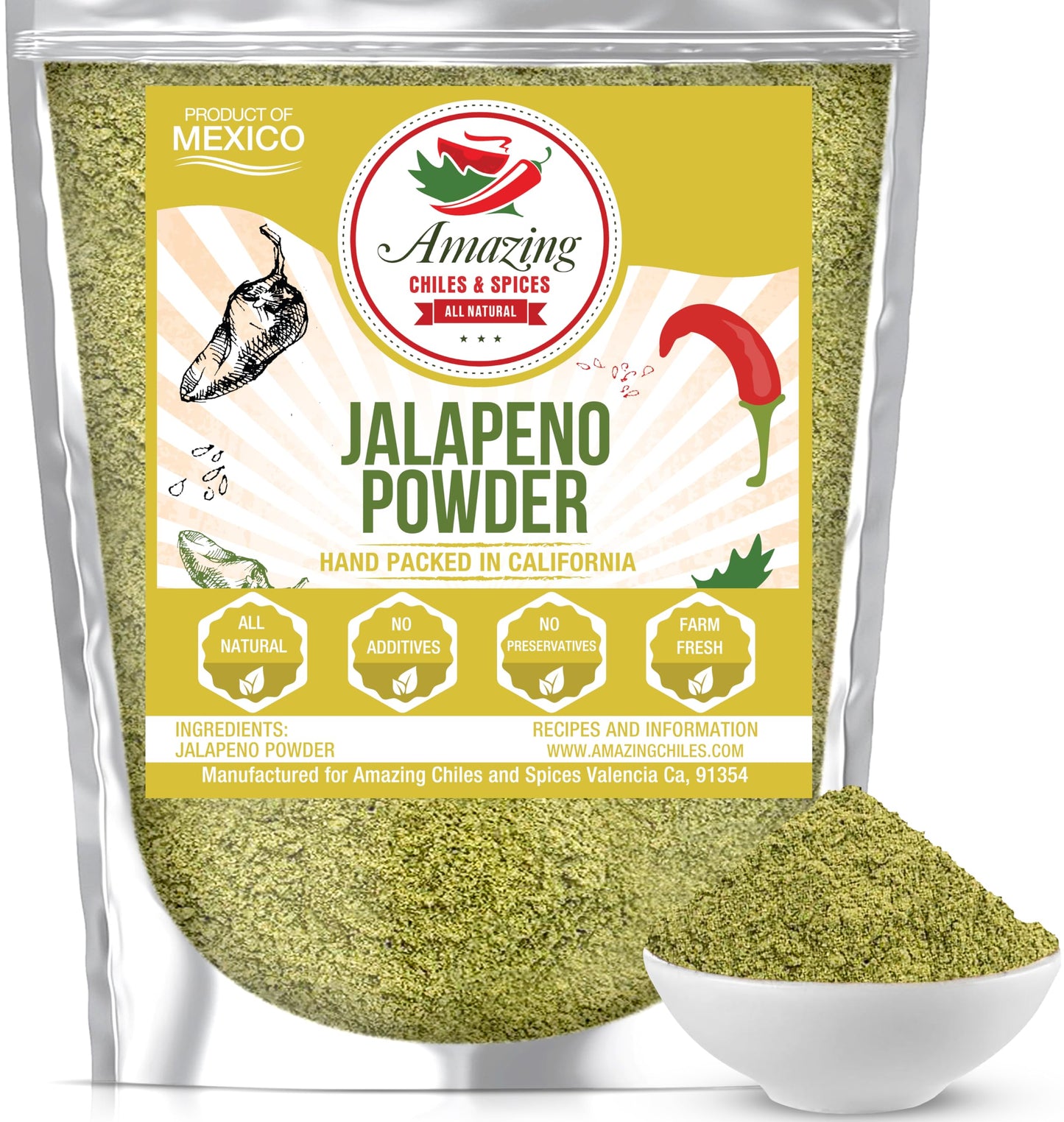 Jalapeno Powder Seasoning 8Oz - Natural And Premium. Great For Chili, Salsa, Spice Blends, Stews, Tacos, Corn Bread. Medium To H