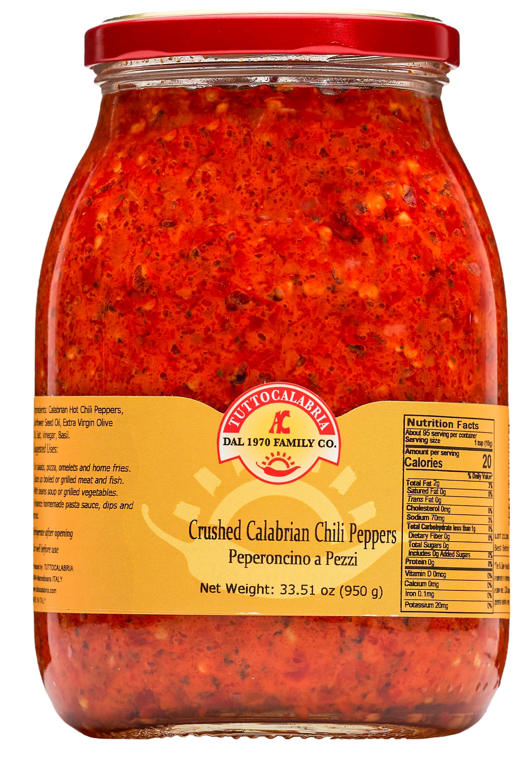 Tuttocalabria Crushed Calabrian Chili Pepper, Paste/Spread, 33.5 Oz Club Pack Size, All Natural, Non-Gmo, Product Of Italy, Glass