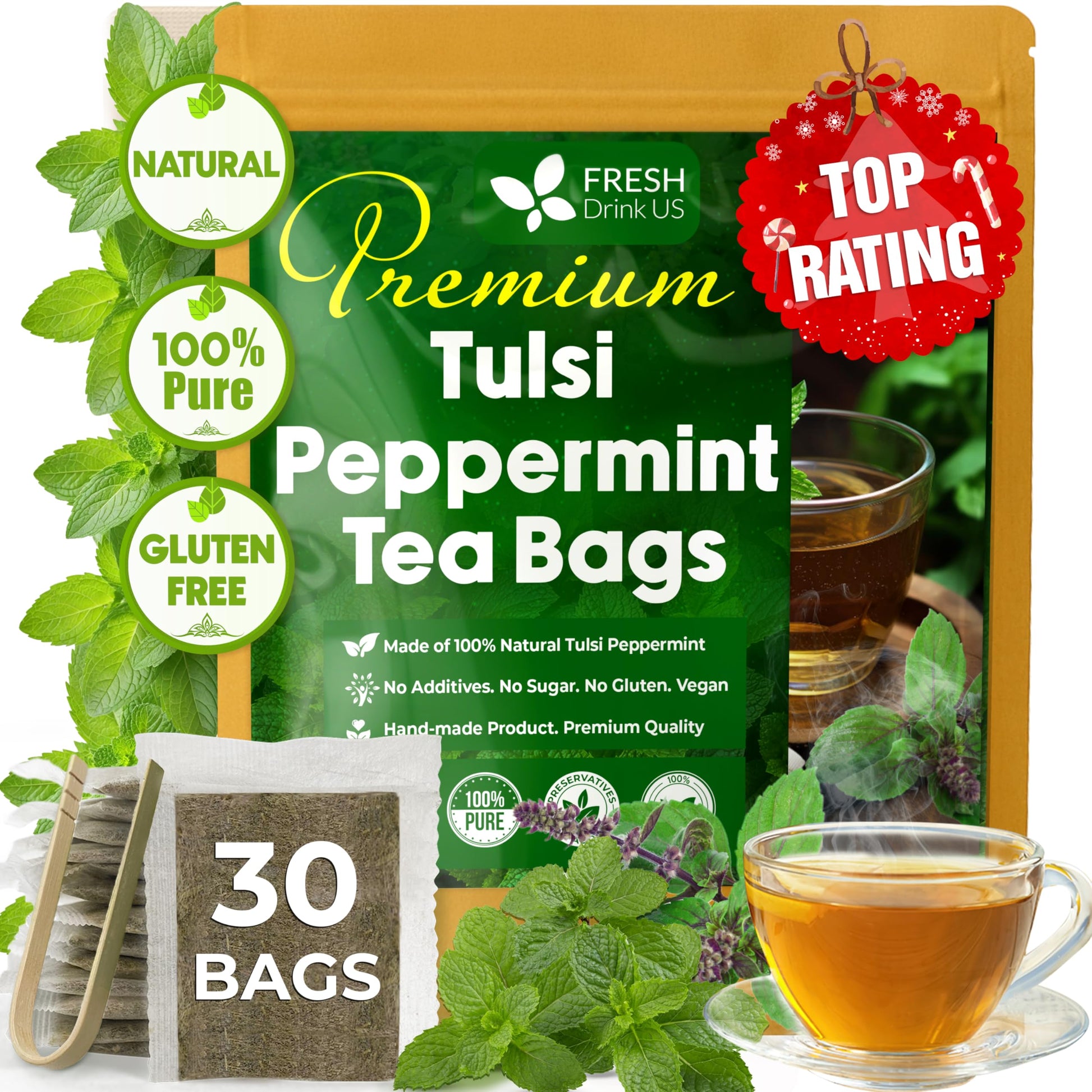 Freshdrinkus  Top-Grade Tulsi Peppermint Herbal - 30 Tea Bags  100% Natural  Blend Of Tulsi Holy Basil Leaves  And Peppermint Leaves. Made With Natural Material Tea Bags. No Sugar  Vegan.