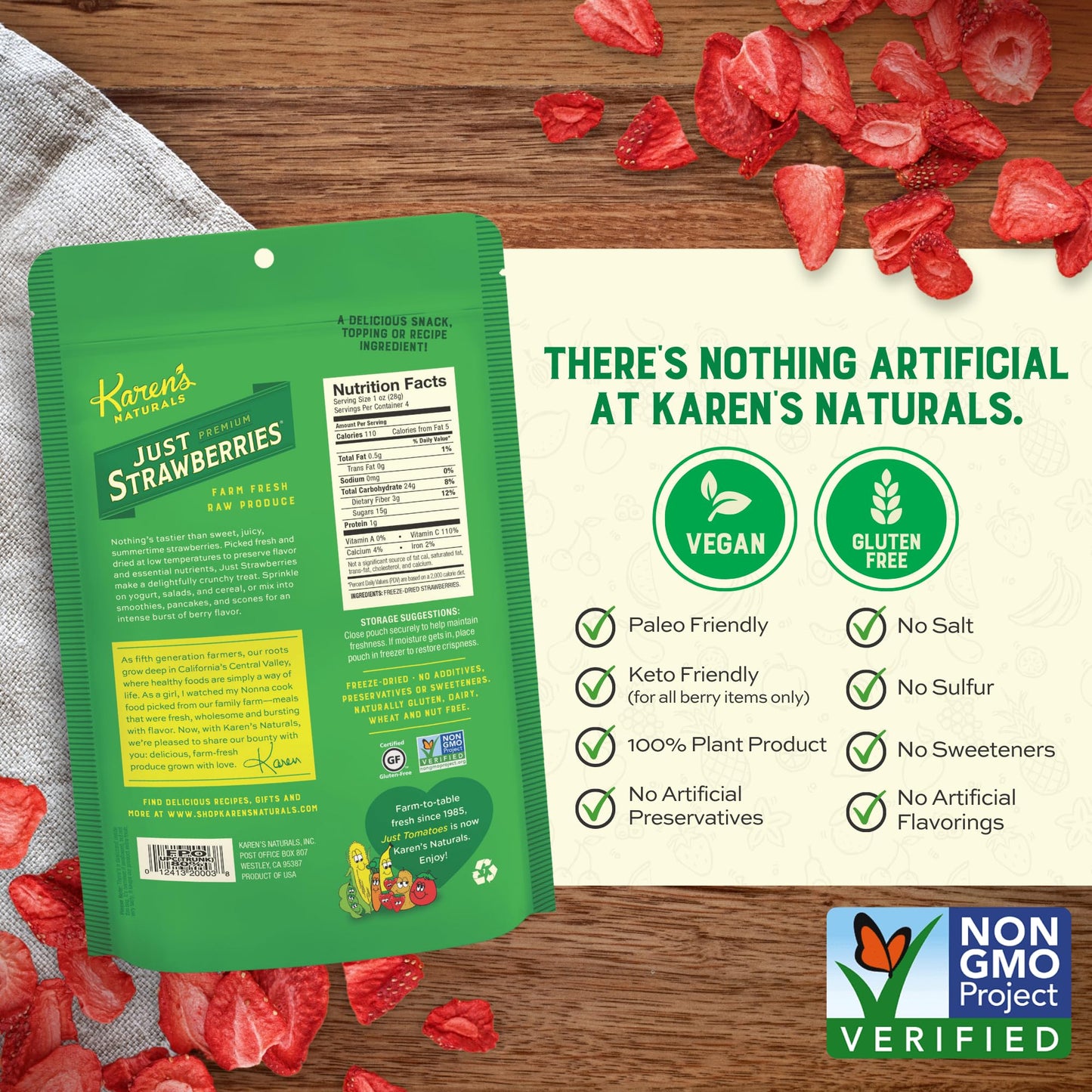 Karen'S Naturals Freeze-Dried Strawberries, 1.5Oz, Pack Of 3 - Flavor Packed Freeze Dried Fruit Snack, Crunchy Strawberries, Hea