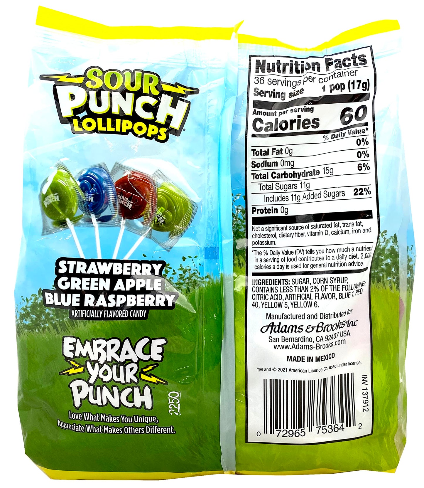 Adams & Brooks, Inc. Sour Punch Lollipops Sour Fruit Flavors Strawberry, Green Apple, Blue Raspberry Sour Lollipops, Sour Punch