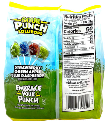 Adams & Brooks, Inc. Sour Punch Lollipops Sour Fruit Flavors Strawberry, Green Apple, Blue Raspberry Sour Lollipops, Sour Punch