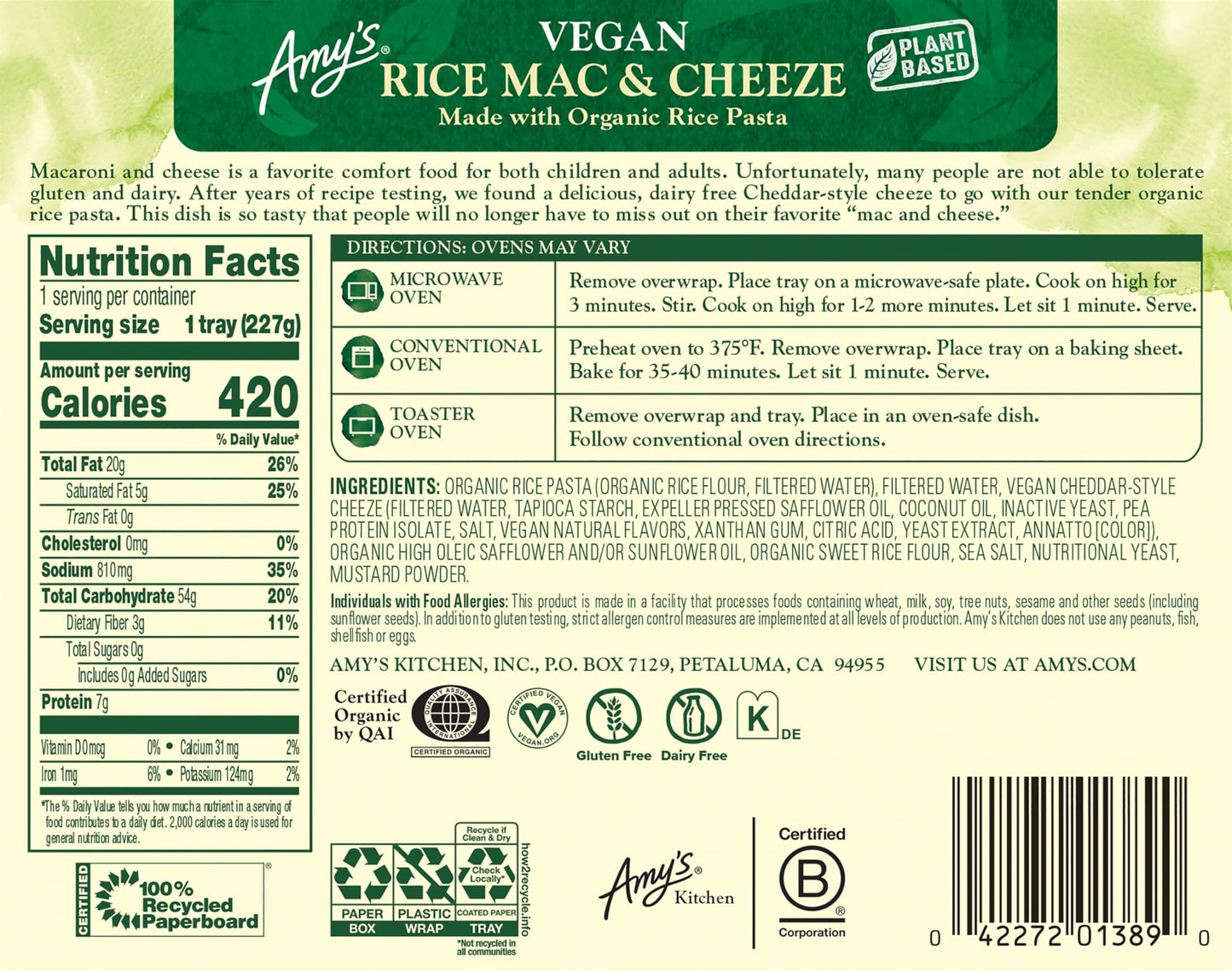 Amys Frozen Meals, Mac & Cheeze, Dairy Free & Gluten Free