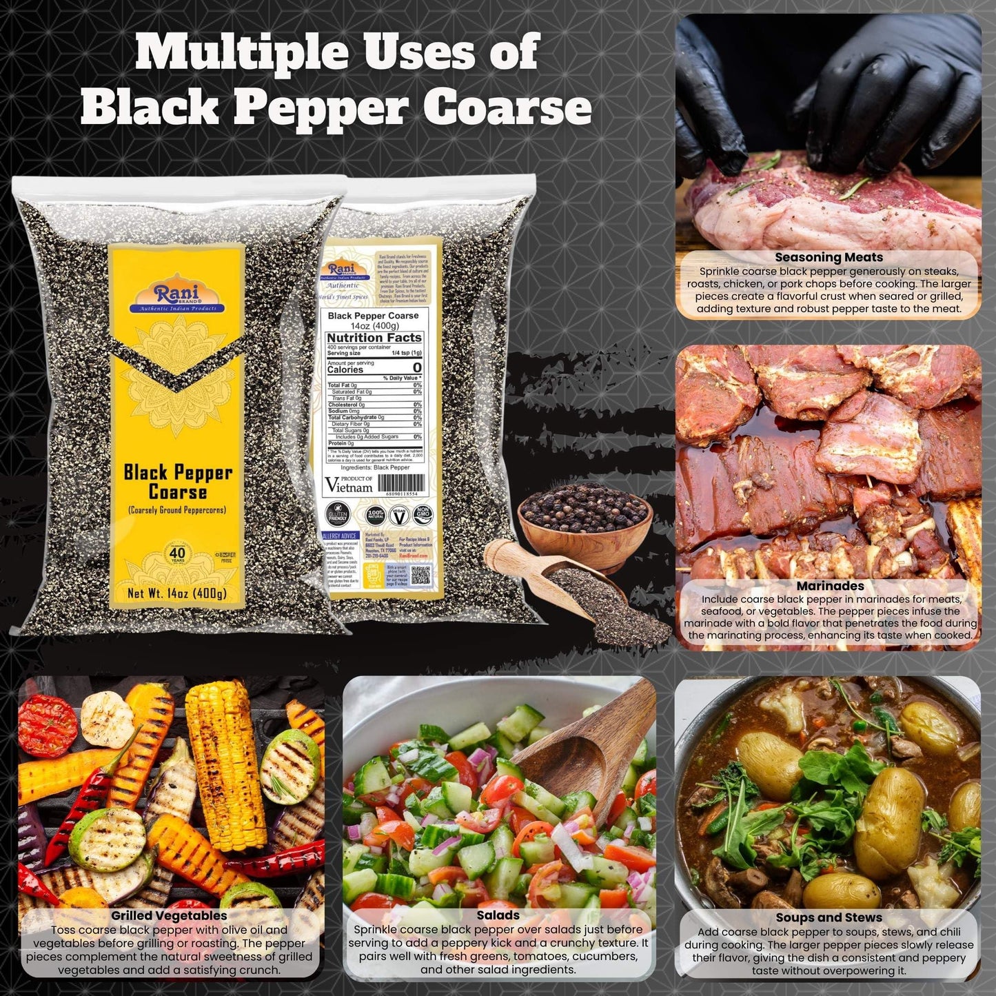 Rani Black Pepper Coarse Ground 28 Mesh (Table Grind) 14Oz (400G) ~ All Natural | Vegan | Gluten Friendly | Non-Gmo | Kosher | P