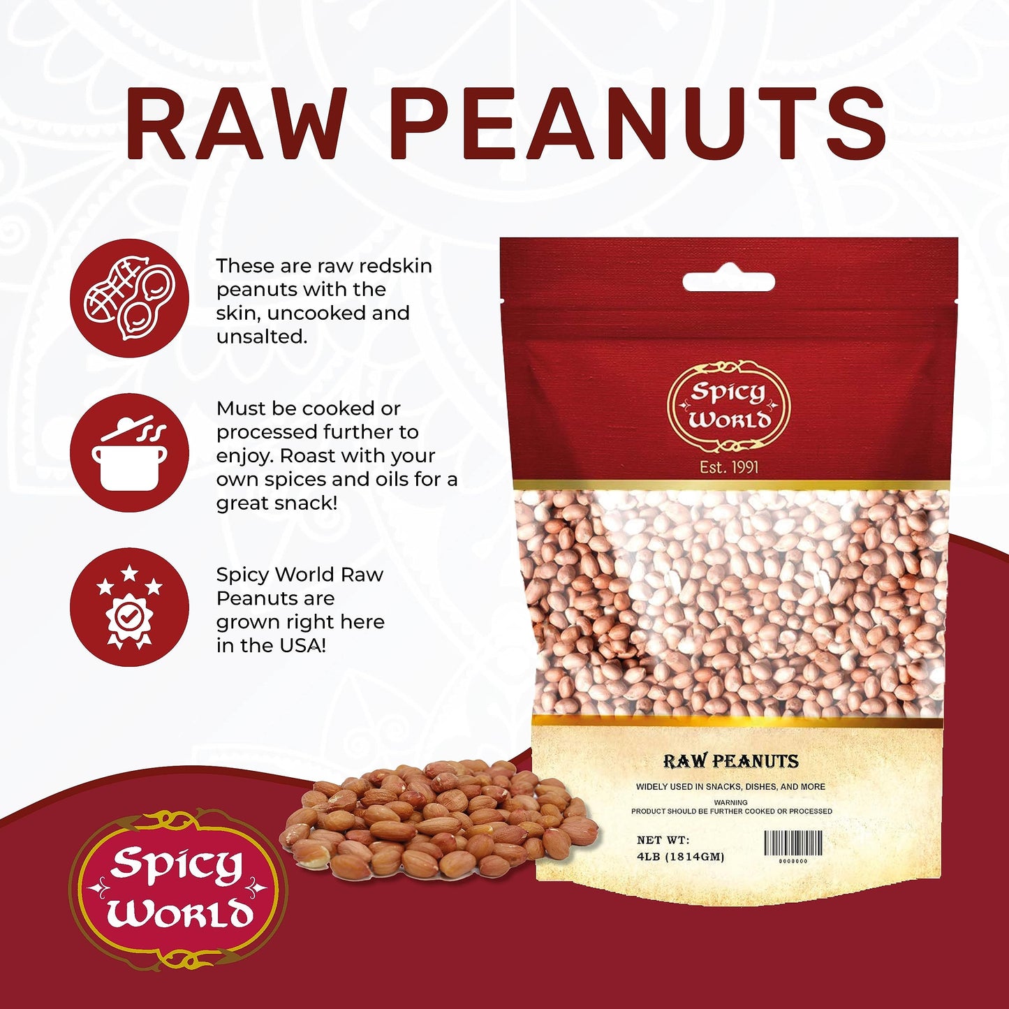 Spicy World Peanuts, Raw Whole With Skin (Uncooked, Unsalted) 4 Pound (64Oz) ~ All Natural - Usa Grown Red Skin Spanish Grade