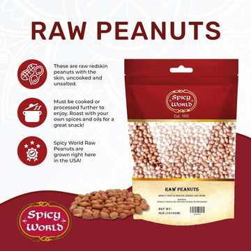 Spicy World Peanuts, Raw Whole With Skin (Uncooked, Unsalted) 4 Pound (64Oz) ~ All Natural - Usa Grown Red Skin Spanish Grade