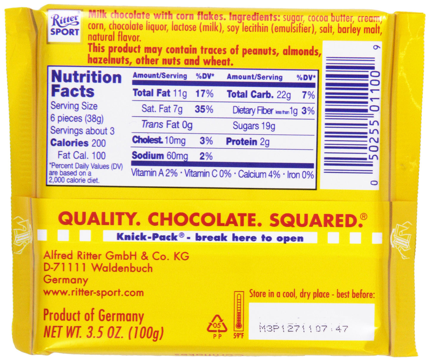 Ritter Sport, Milk Chocolate with Cornflakes, 3.5 oz