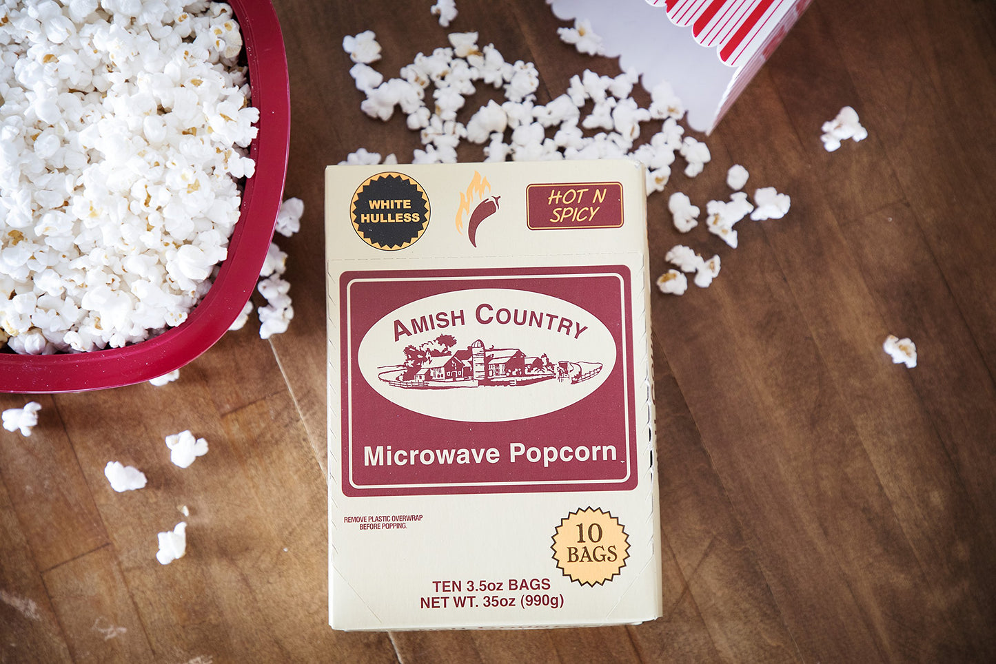 Amish Country Popcorn | Old Fashioned Microwave Popcorn | 10 Bags Hot N Spicy White Hulless | Non-GMO, Gluten Free, Microwaveabl