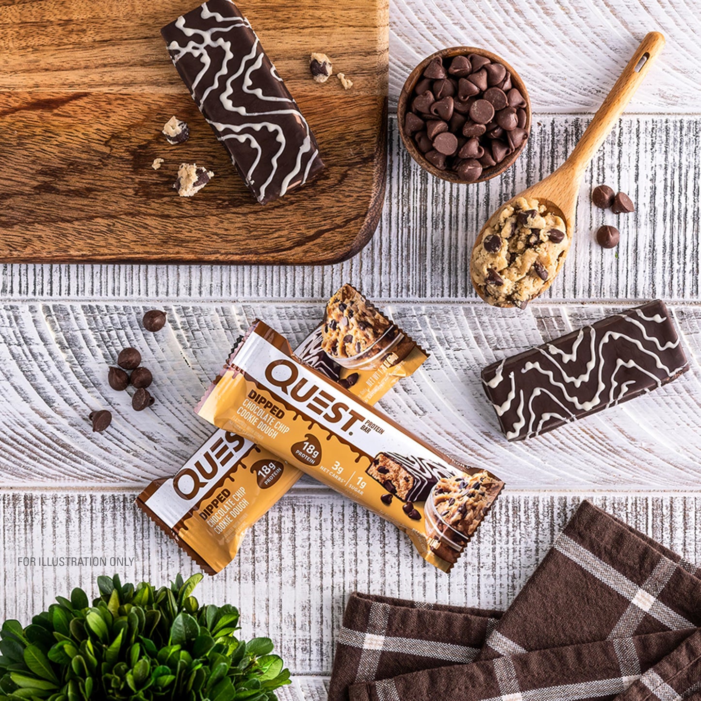 Quest Nutrition Dipped Chocolate Chip Cookie Dough Protein Bars, 18g Protein, 3g Net Carbs, Gluten Free, 1.76 Oz, 4 Count