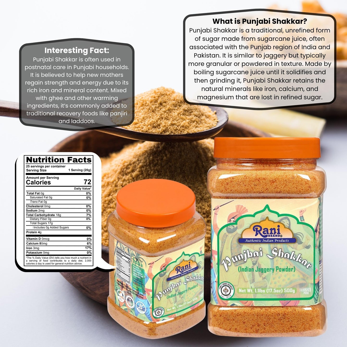 Rani Punjabi Shakkar (Gur Jaggery Powder) Indian Unrefined Raw Cane Sugar 17.5oz (1.1lbs) 500g PET Jar ~ Gluten Friendly | Vegan