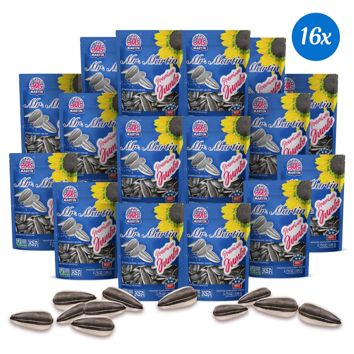 Mr. Martin Enhanced Jumbo Salted Sunflower Seeds To Eat, Roasted, Keto Friendly Snack, Kosher, Non-Gmo, Vegan - 3.75 Oz, 16 Pack