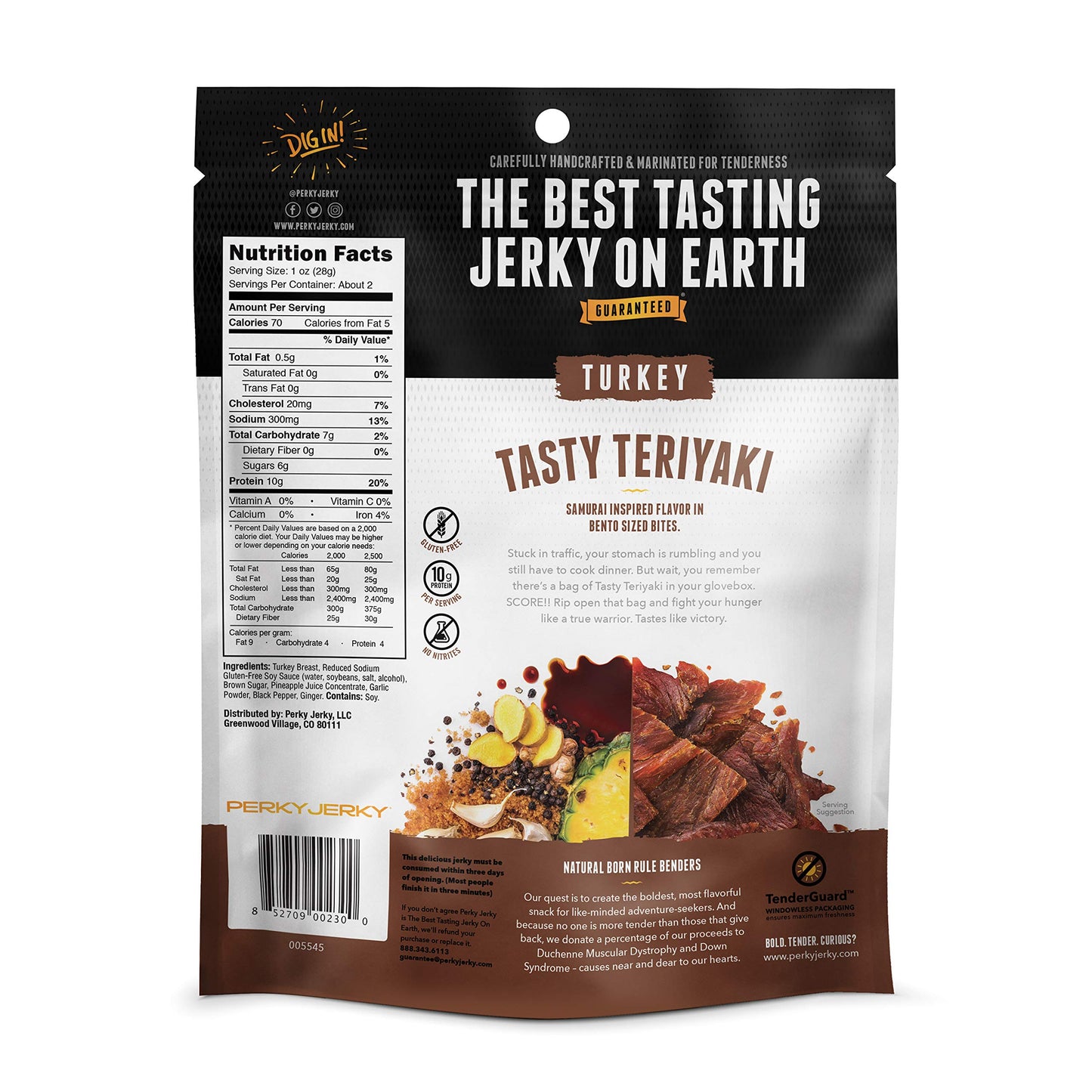 Perky Jerky Tasty Teriyaki Turkey Jerky, 2.2Oz Bag - Low Sodium - 10G Protein Per Serving - Low Fat - 100% U.S. Sourced - Tender