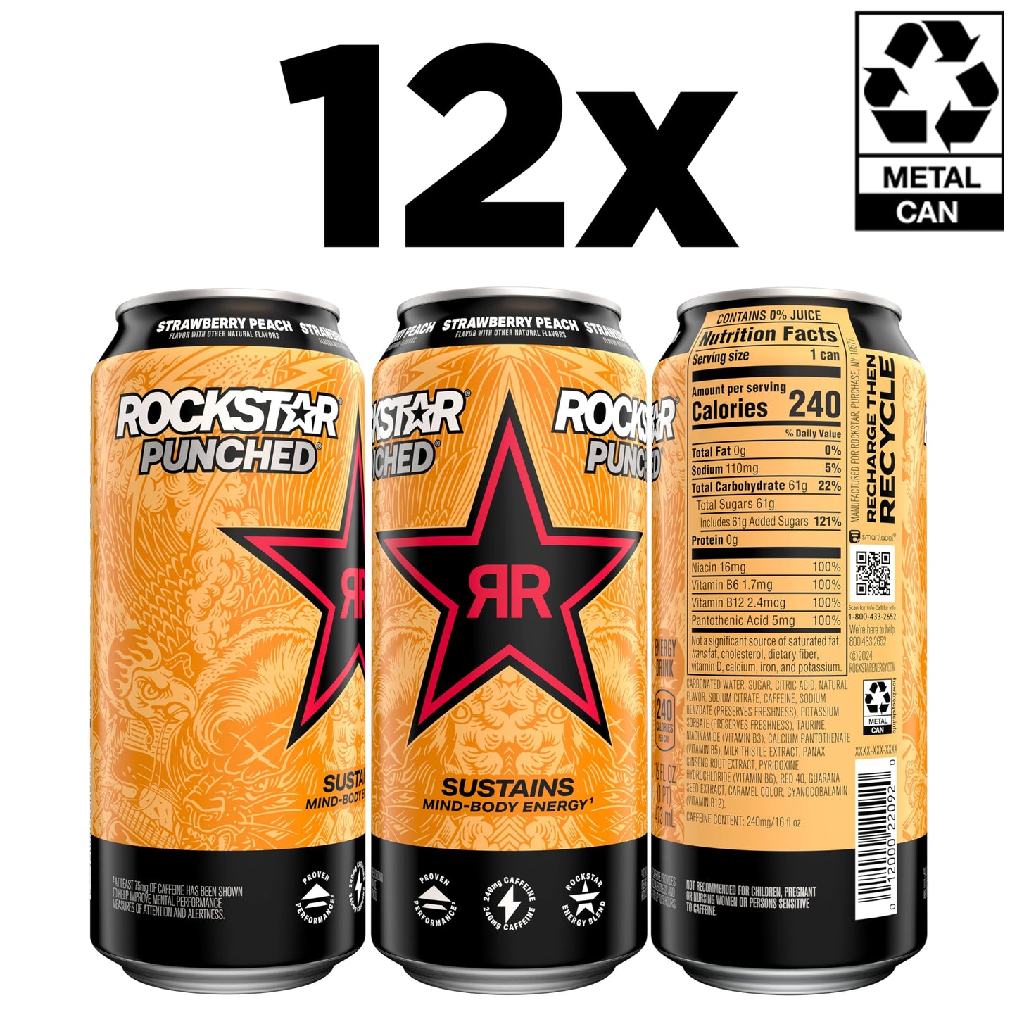 Rockstar Energy Drink Punched Strawberry Peach, 16 Fl Oz Cans, 12 Pack