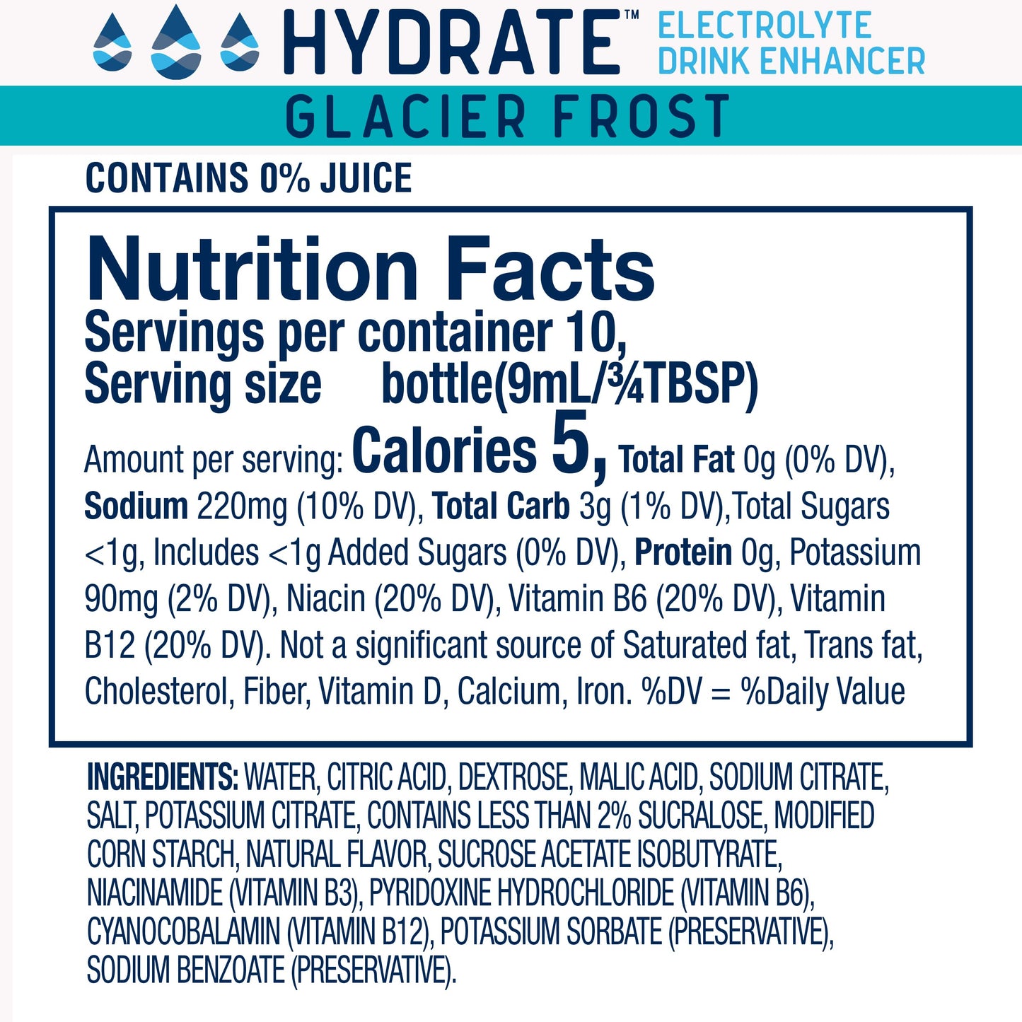 Hydrate Electrolyte Liquid Drink Enhancer Drops  Low Sugar  Low Calorie  Natural Flavor Hydration Mix with Essential Vitamins B3 B6 B12 (Glacier Frost (2 Pack))