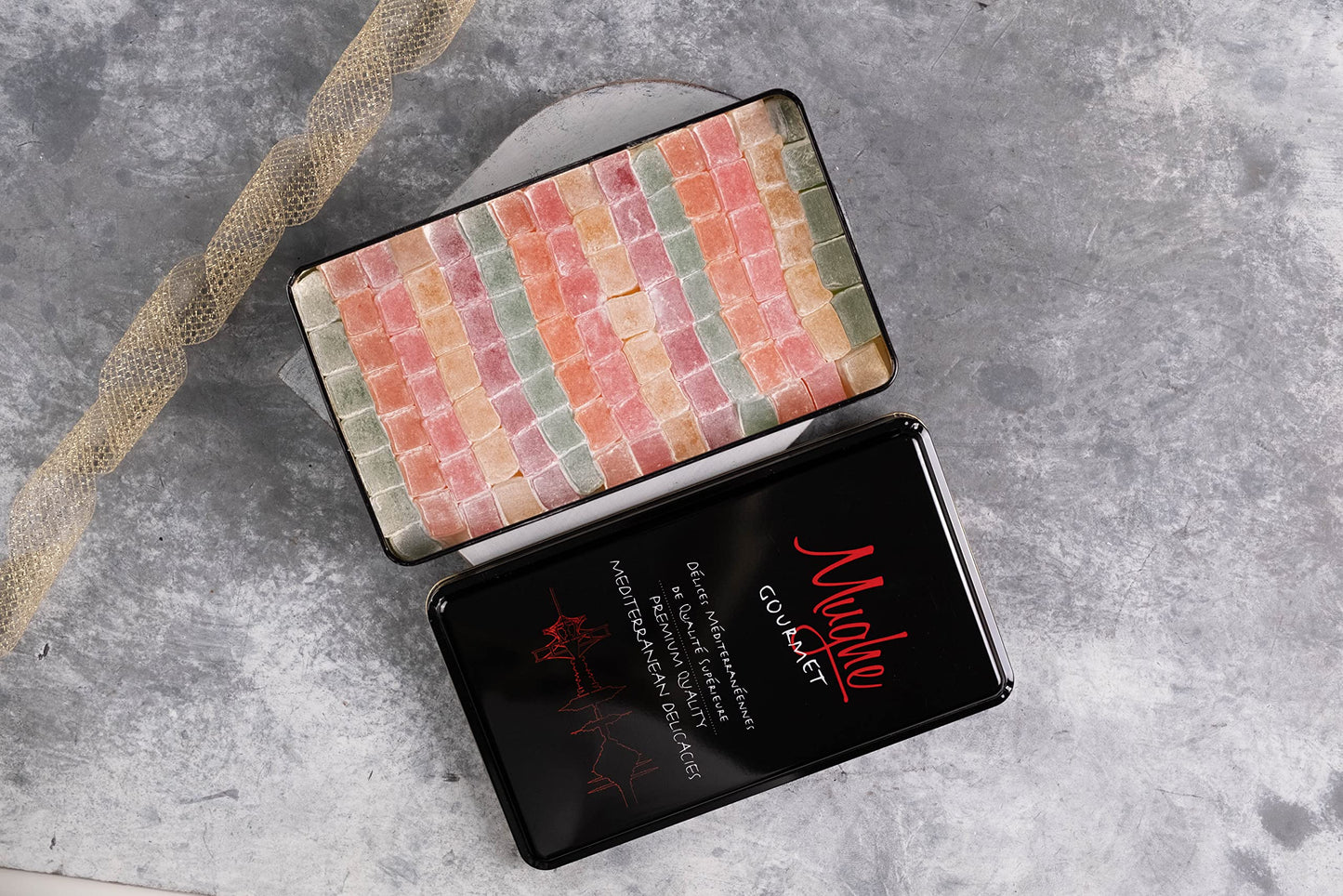 Mughe Gourmet Turkish Delight Candy Elegant Gift Tin Box - 1.65Lb-750G - Halal Vegan Lokum Fruit Flavors Rose, Strawberry, Lemon, Orange, Mint - Gift For Special Occasions, Halloween, Christmas
