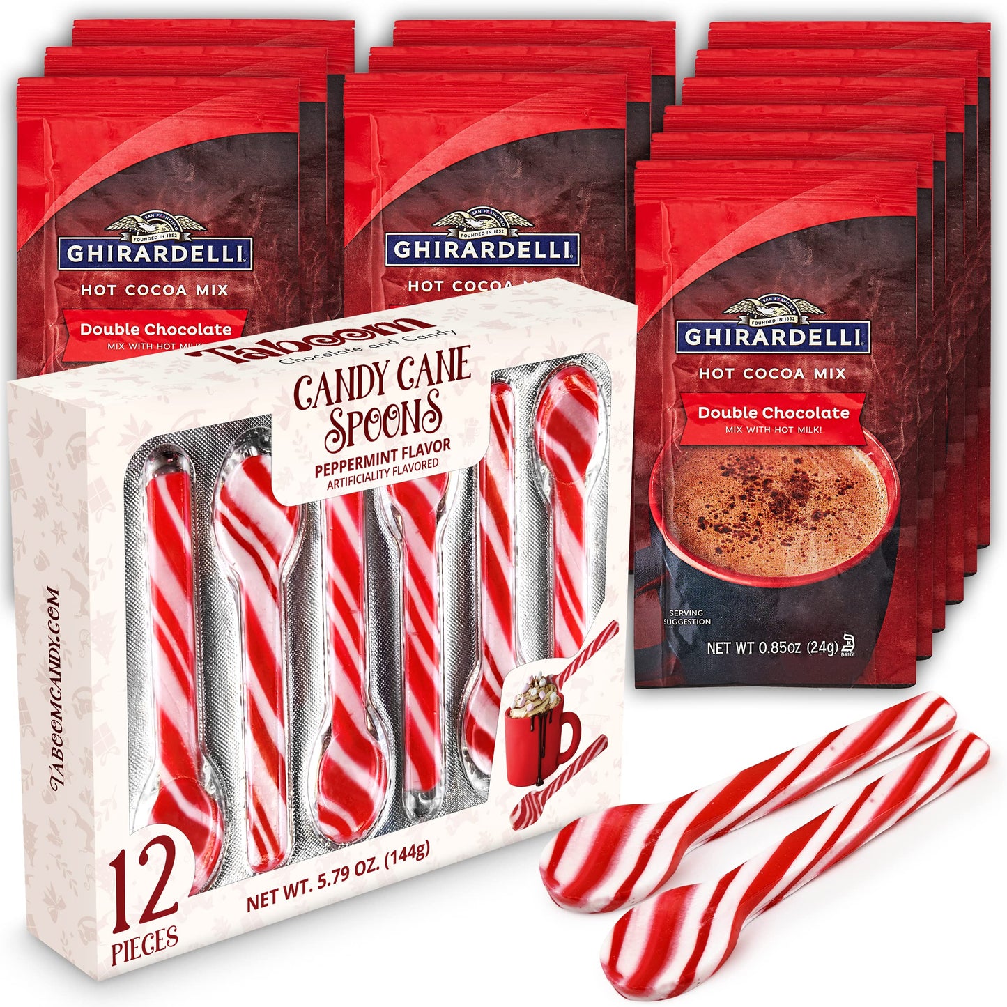 Taboom Candy Cane Spoons with Double Chocolate Hot Cocoa Packets - 1.33 oz (Pack of 12) - Festive Hot Chocolate Gift Set