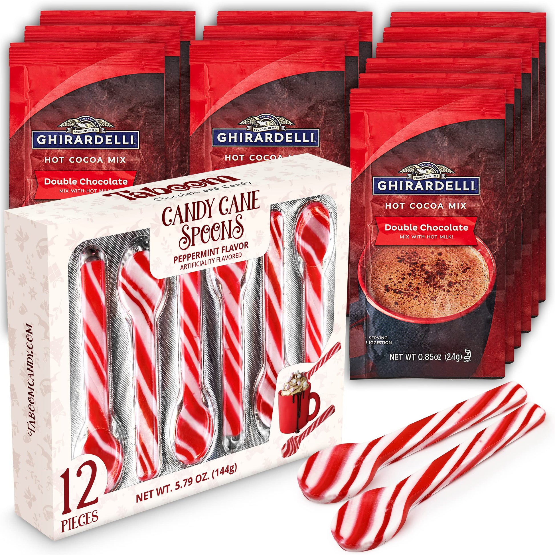 Taboom Candy Cane Spoons with Double Chocolate Hot Cocoa Packets - 1.33 oz (Pack of 12) - Festive Hot Chocolate Gift Set