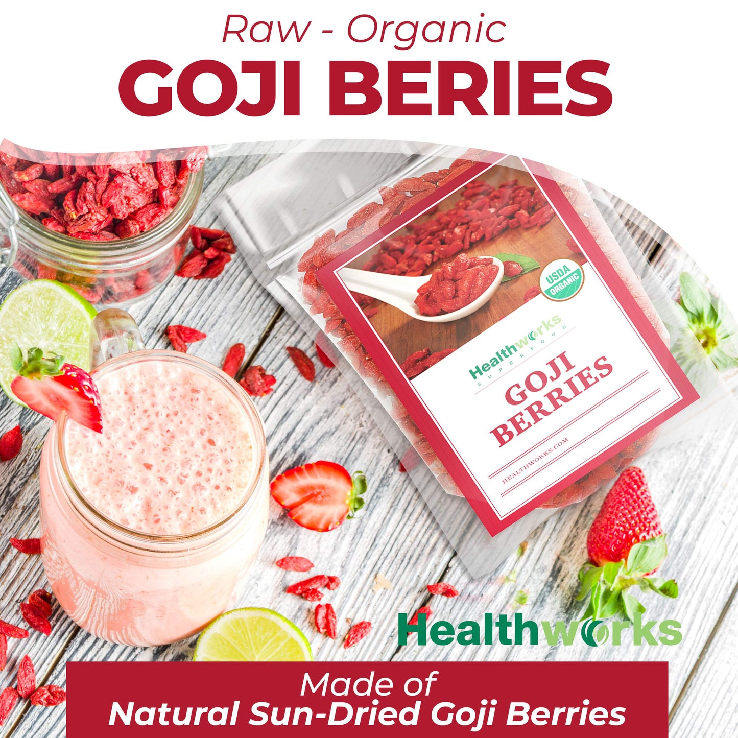 Healthworks Organic Dried Goji Berries, 16Oz - 1Lb, 1 Pack, Vegan And Non-Gmo Certified Organic Raw Sun-Dried Goji Berries