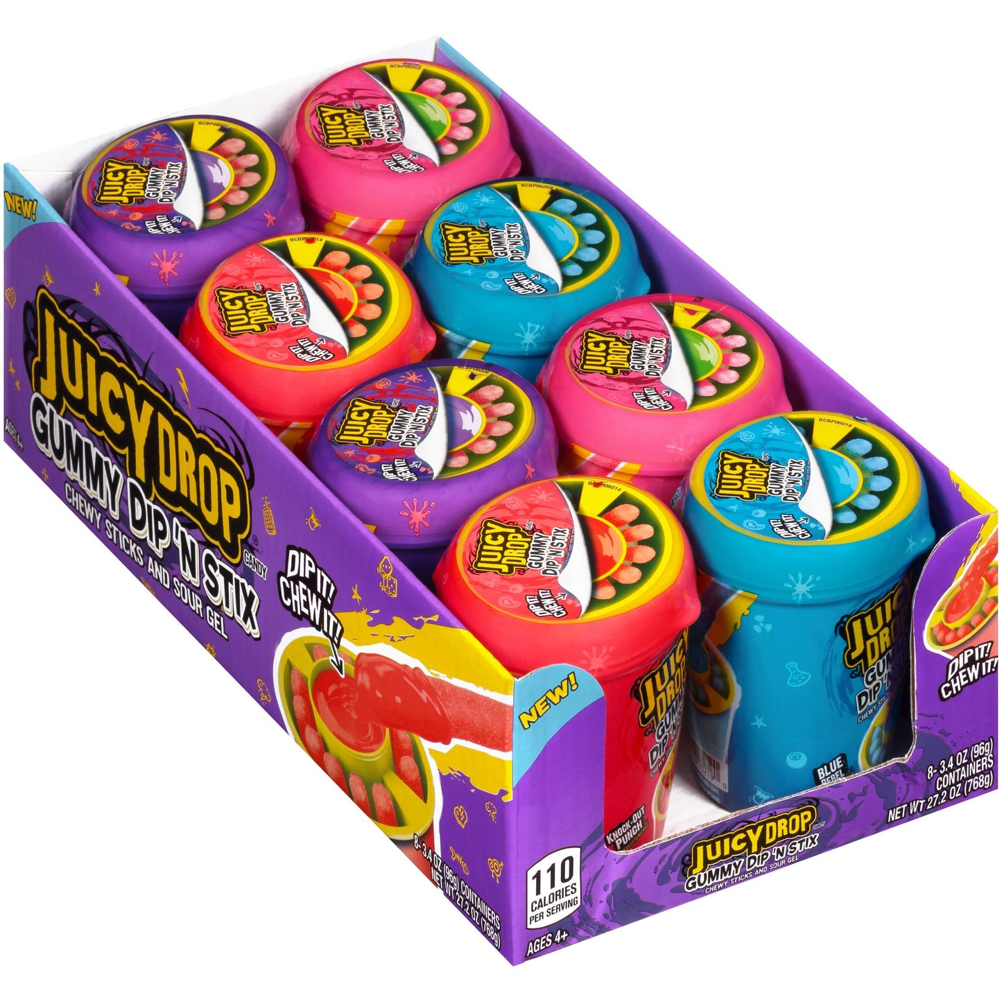 Juicy Drop Gummy Dip 'N Stix - 8 Count Assorted Sour Candy Variety Pack for Birthdays and Parties