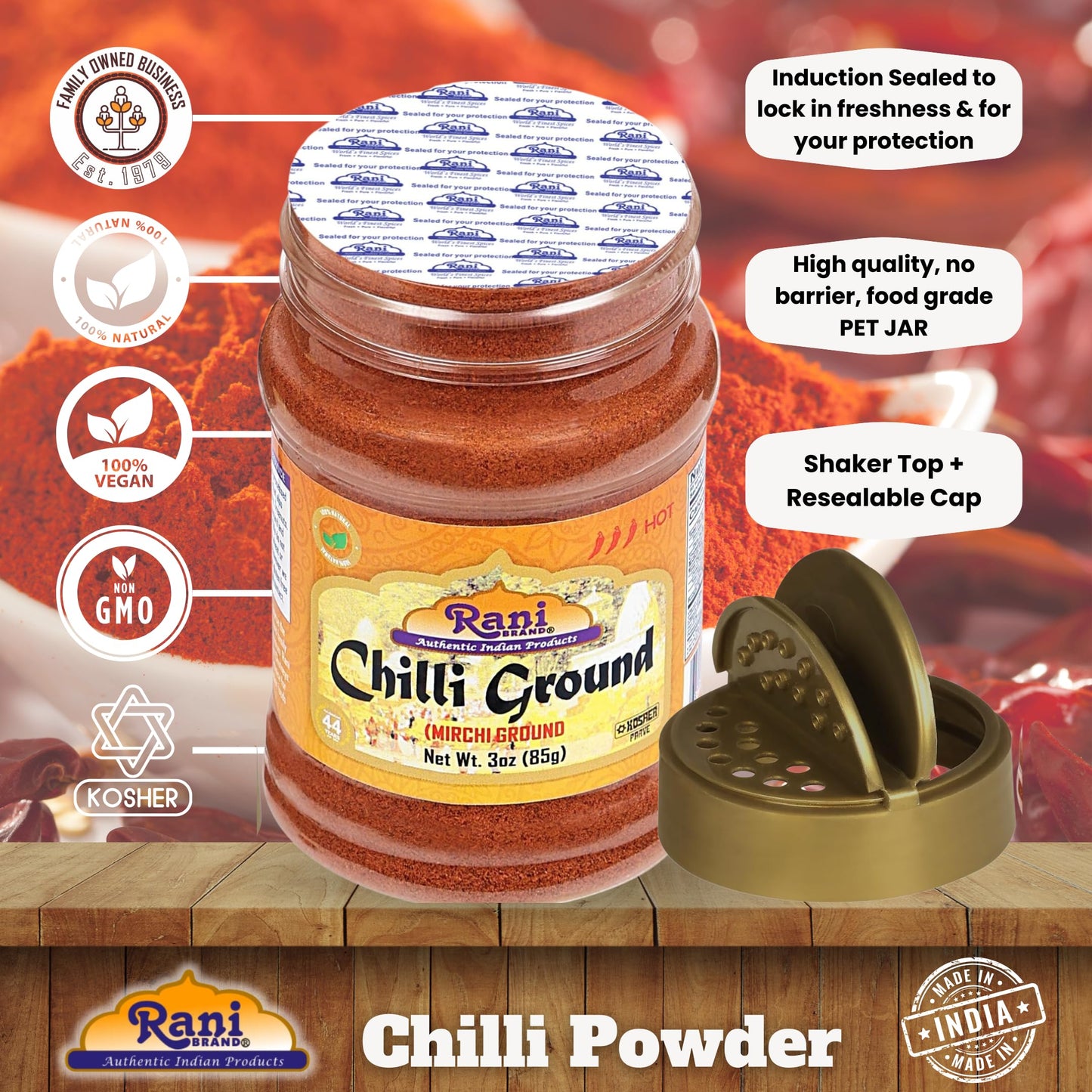 Rani Chilli Powder (Mirchi) Ground Indian Spice 3Oz (85G) Pet Jar ~ All Natural | Salt-Free | Vegan | No Colors | Gluten Friendl