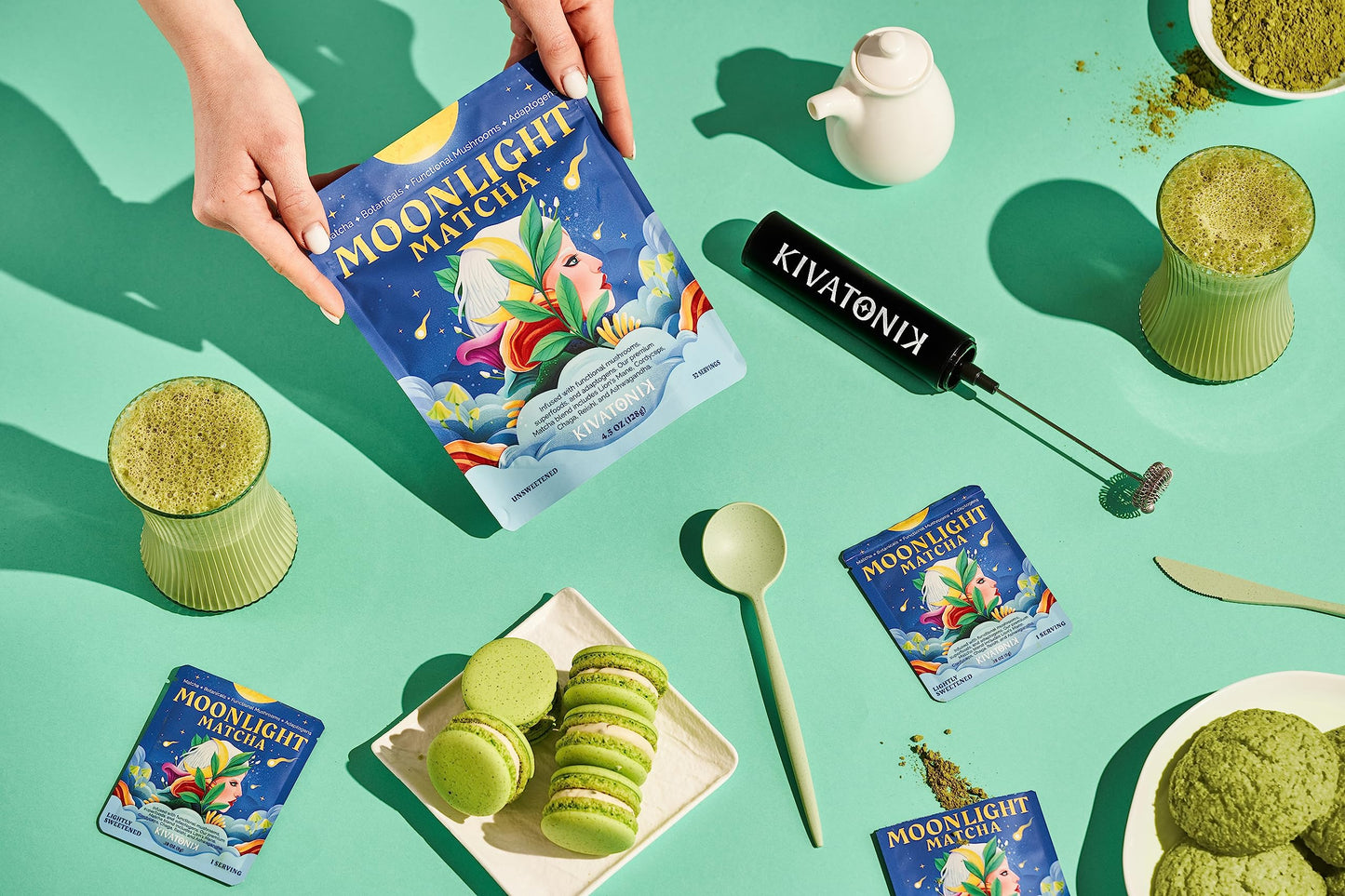 KIVATONIK Moonlight Matcha - Ceremonial Matcha with Organic Functional Mushrooms and Adaptogens - Lions Mane, Cordyceps, Chaga,