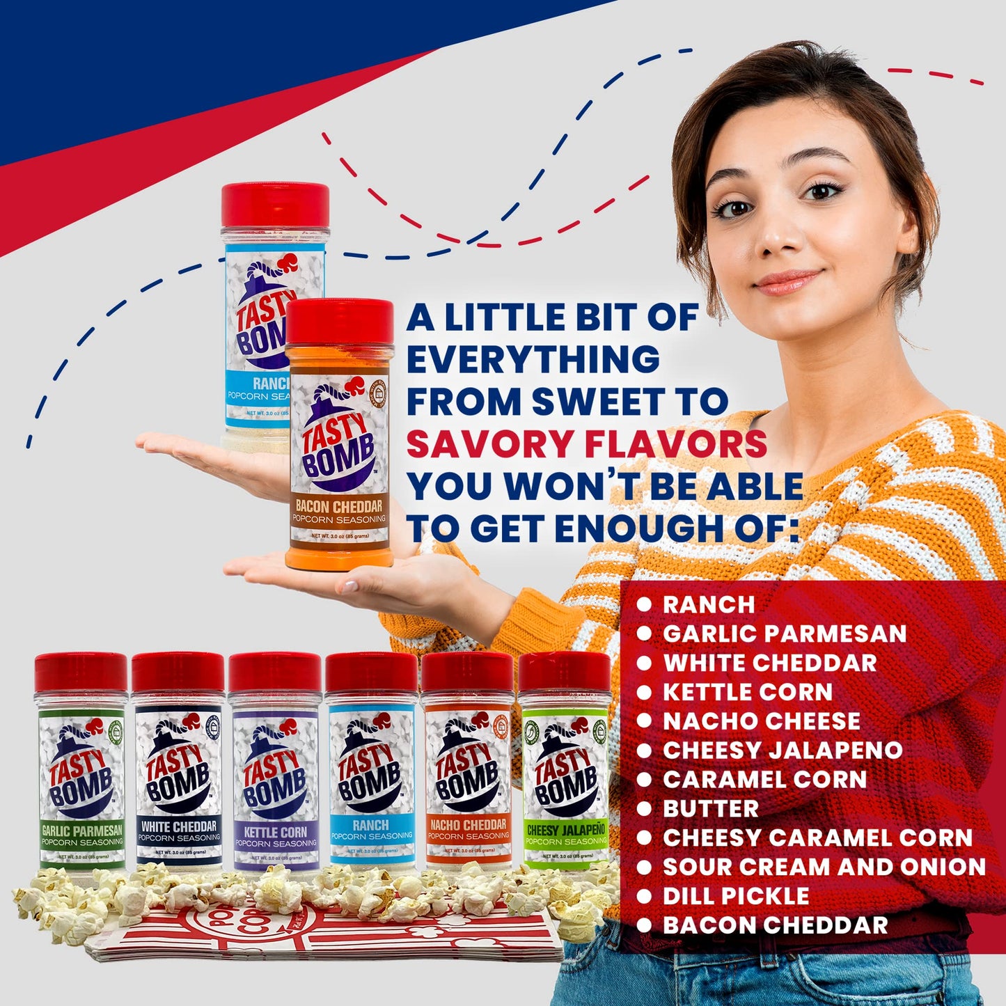 Tasty   Popcorn Seasoning Variety Pack - White Cheddar, Ranch, Garlic Parmesan - Gluten-Free Keto Snack - 3 Ounce (Pack of 3)