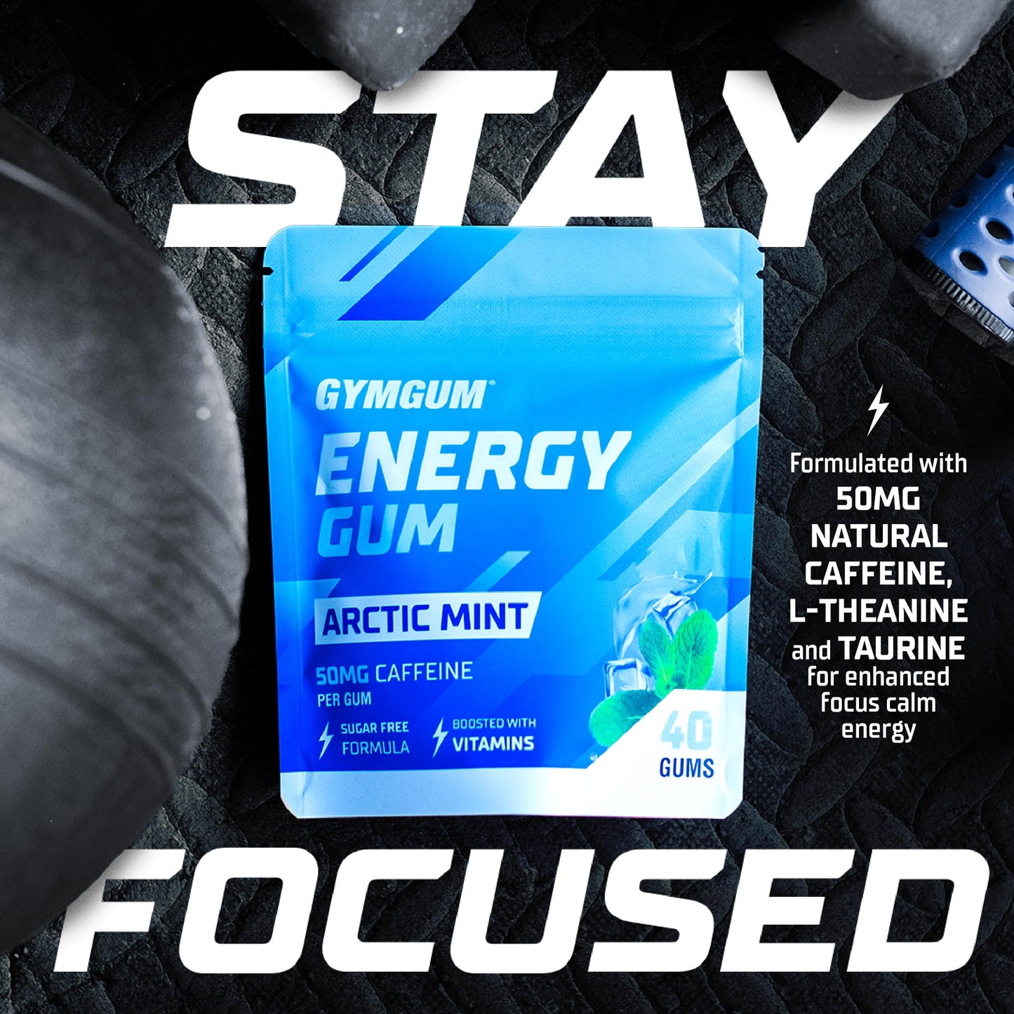 GYMGUM Energy Caffeine Gum | Sugar-Free, Keto-Friendly | 50mg Caffeine | 120 Count | Arctic Mint