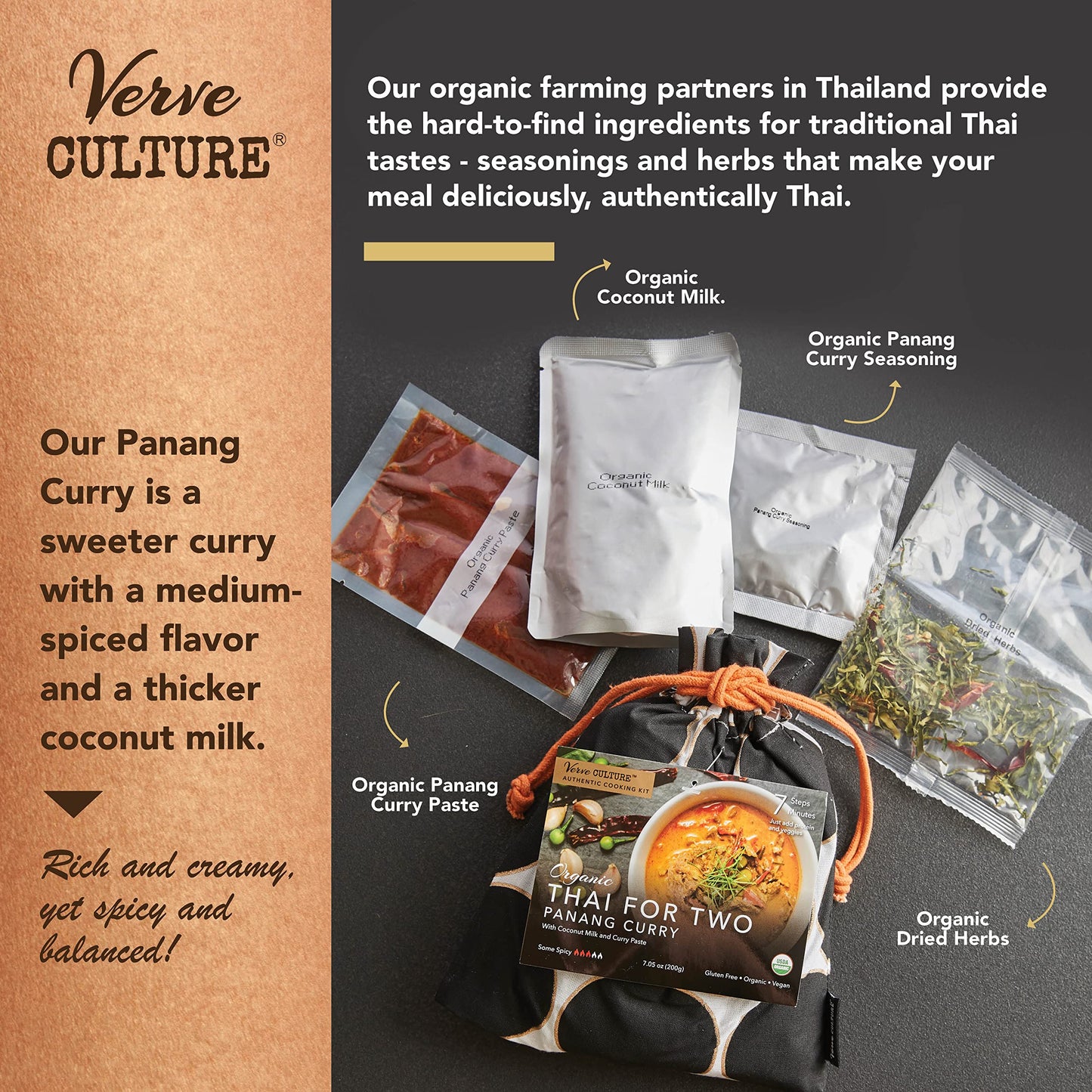 Thai For Two Cooking Kit By Verve Culture | Usda-Organic Panang Curry Cooking Kit | Authentic Thai Cuisine | Unique Cooking Gift Set | Vegan, Gluten-Free | Made In Thailand | Pack Of 3