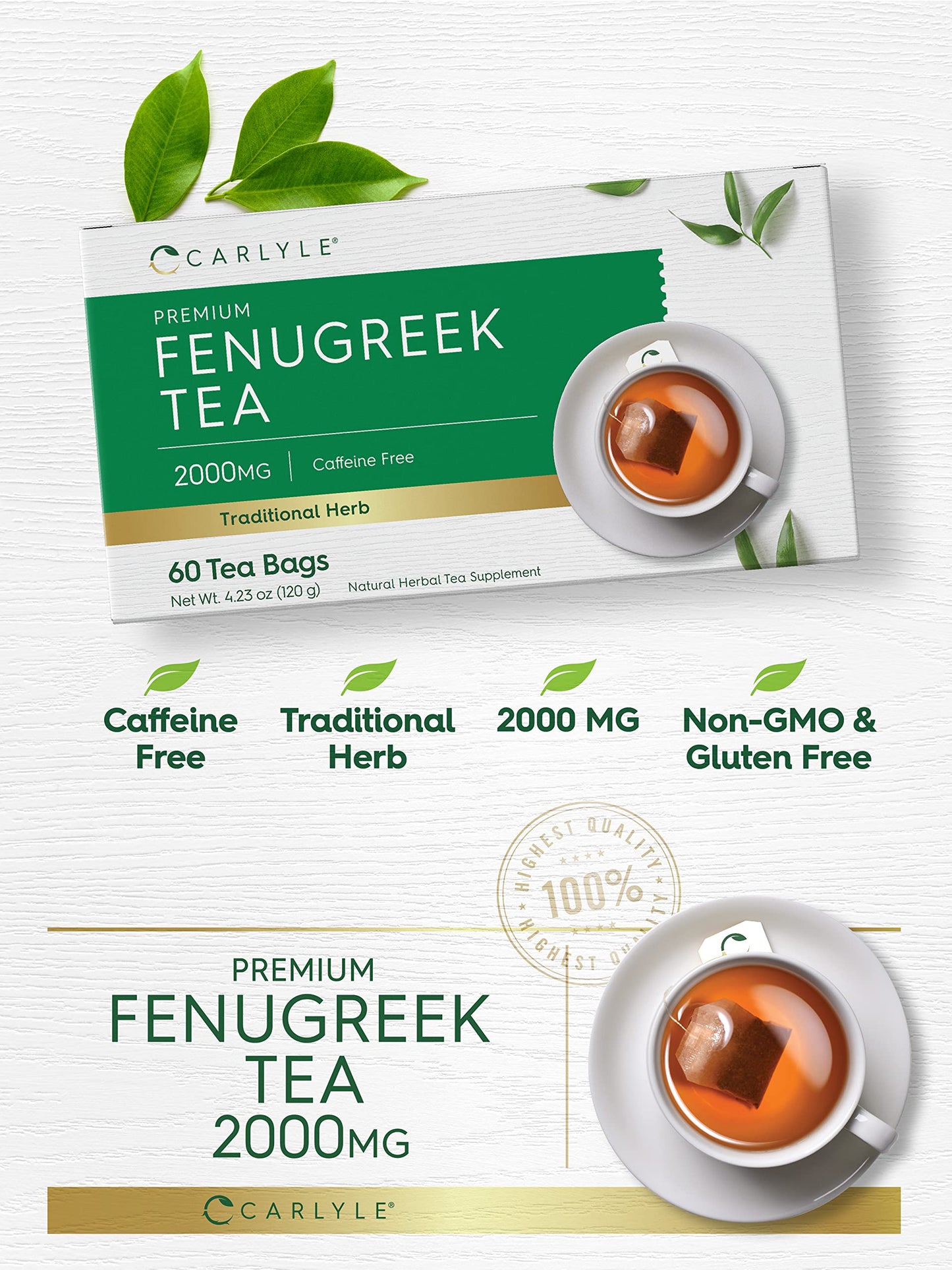 Carlyle Fenugreek Seed Tea - 60 Tea Bags, Caffeine-Free, Vegetarian, Non-GMO, Gluten-Free, Herbal dietary product, CL15042