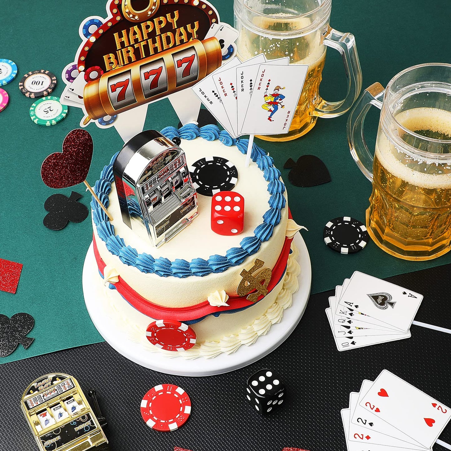 Gersoniel  card-style Cake Decorations Set - 21 Pieces, Mini Slot Machine,  card-style Chips, Dices, Plastic, Perfect for Las Vegas Theme Parties