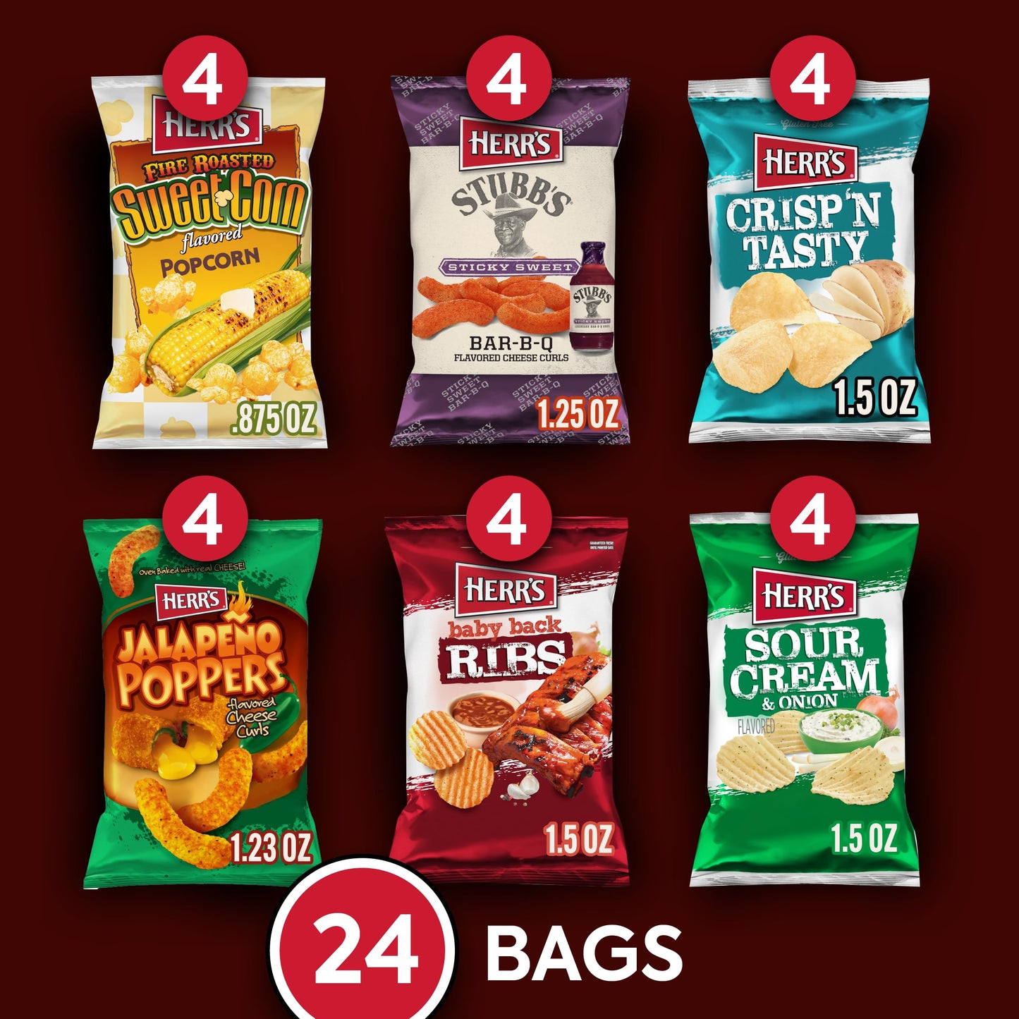 Herr'S Variety Pack, Assorted Snacks, 0.625-1.5 Ounce (Pack Of 24 Bags)