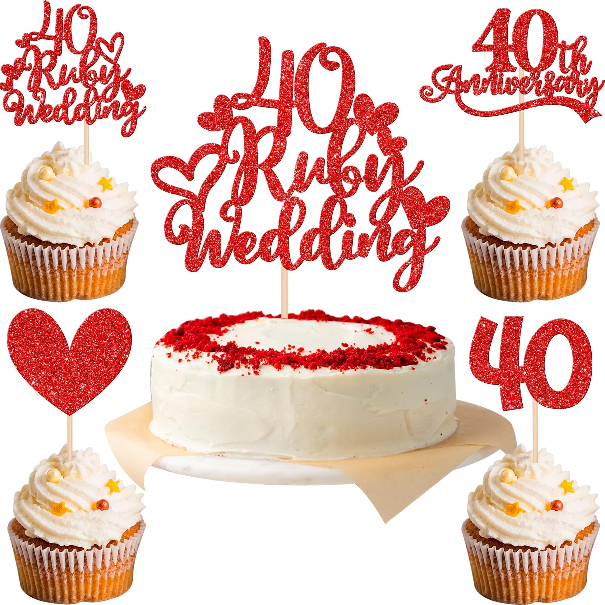 25 PCS 40th Anniversary Cupcake Toppers with Ruby Wedding Cake Topper Red Glitter Heart Cupcake Picks for 40th Wedding Anniversa