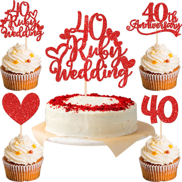 25 PCS 40th Anniversary Cupcake Toppers with Ruby Wedding Cake Topper Red Glitter Heart Cupcake Picks for 40th Wedding Anniversa