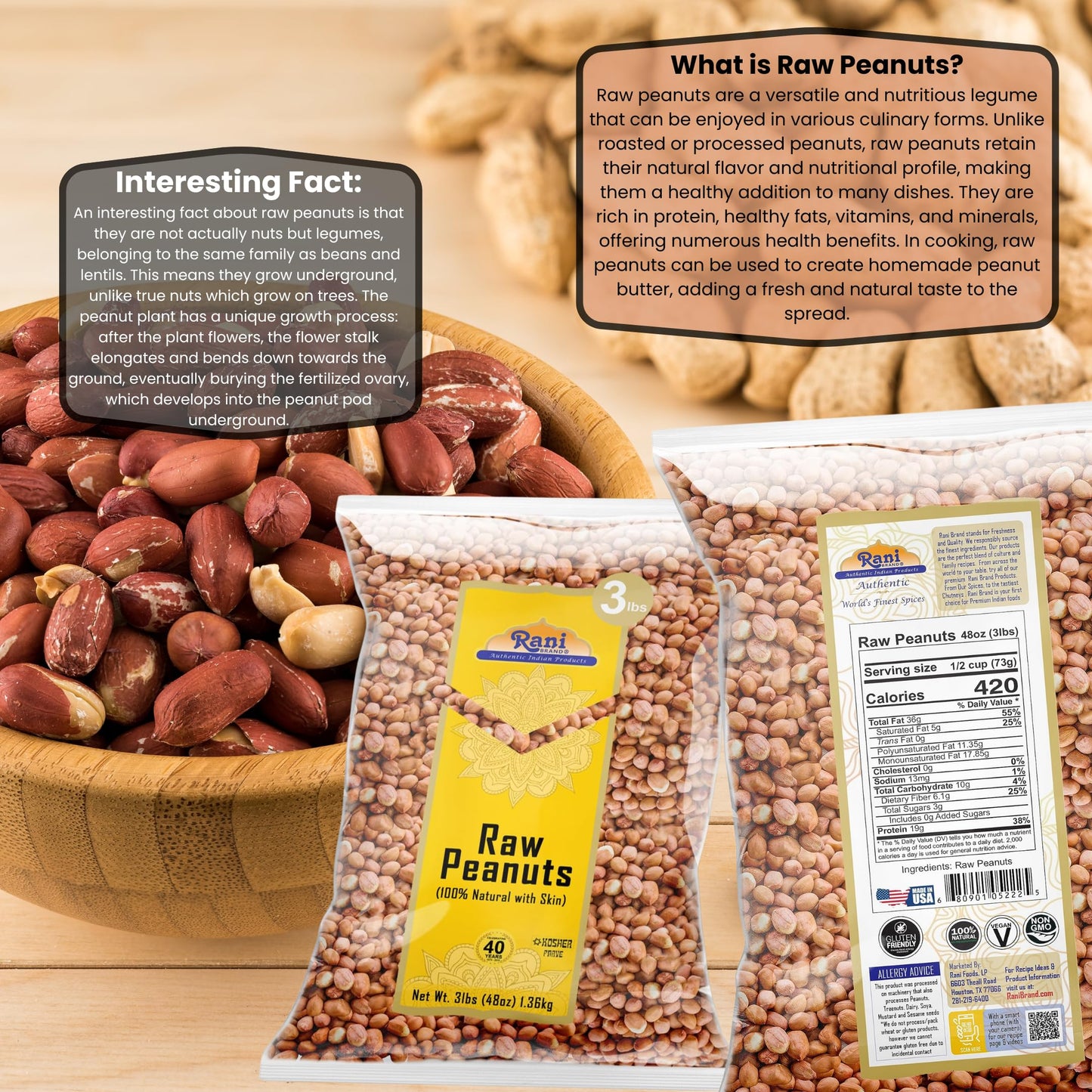 Rani Peanuts, Raw Whole With Skin (Uncooked, Unsalted) 48Oz (3Lbs) 1.36Kg Bulk ~ All Natural | Vegan | Gluten Friendly | Fresh Product Of Usa ~ Spanish Grade Groundnut / Red-Skin