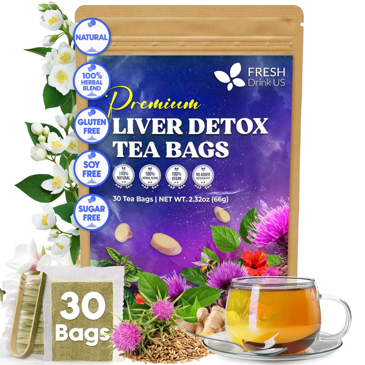 Freshdrinkus  Top-Grade Liver Herbal Detox Tea - Strong Blend Of Milk Thistle  Hibiscus  Peppermint & Flavor Blendger | Fennel  Lemongrass & Orange Peel With Stevia | Vibrant Energy Blend-Free Botanical Blend