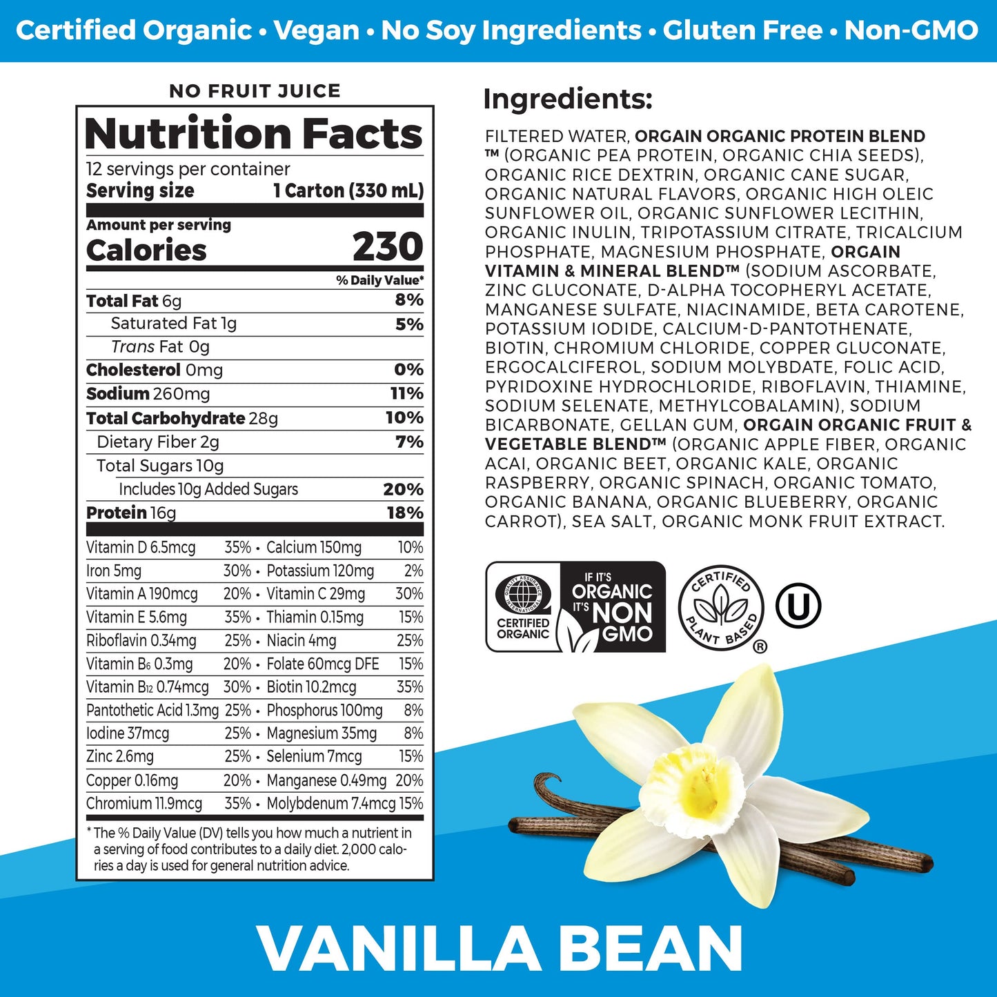Orgain Organic Nutritional Vegan Protein Shake, 16g Protein, Gluten Free, Non-GMO, 11 Fl Oz, Vanilla Bean, Pack of 12